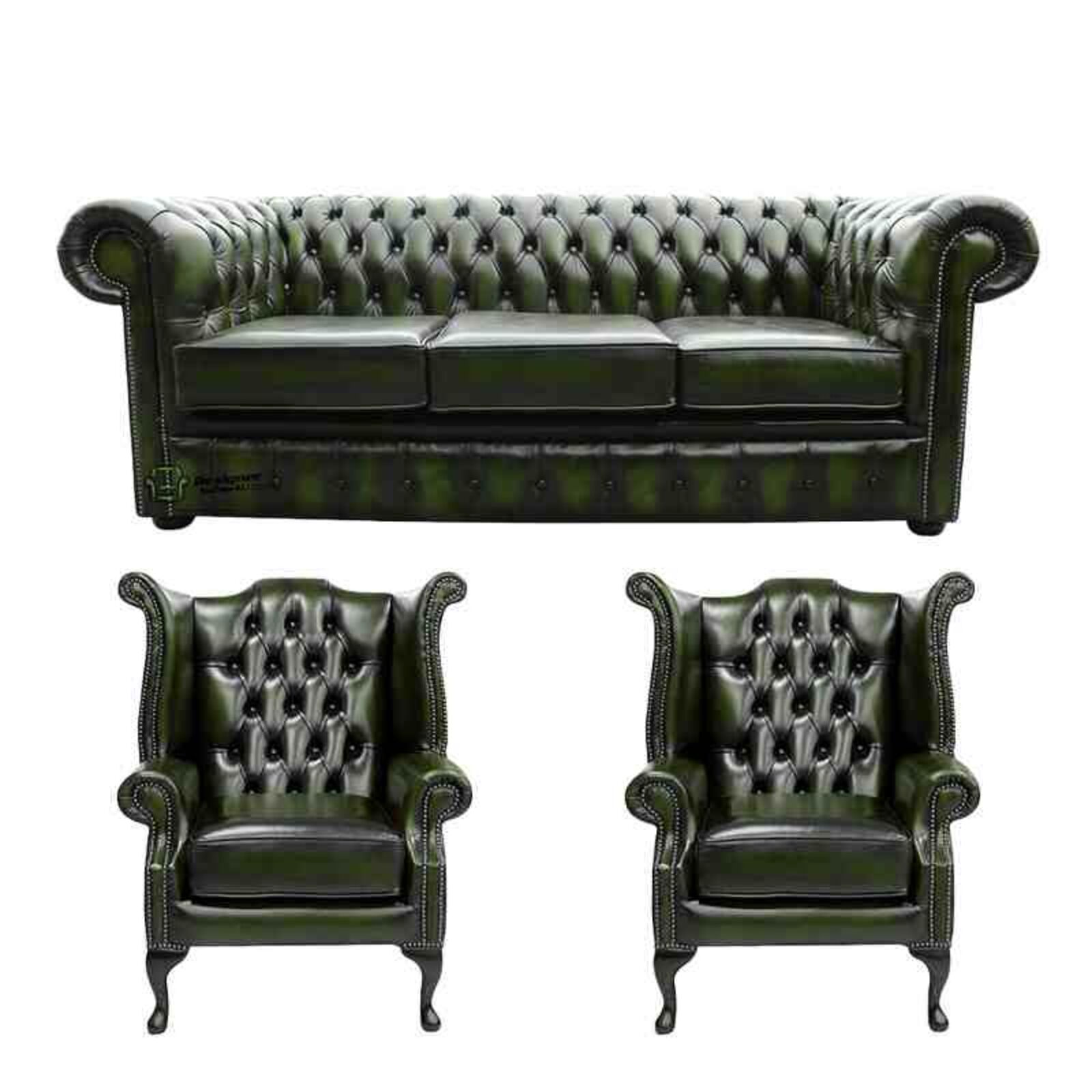 Product photograph of Chesterfield 3 Seater Sofa 2 X Queen Anne Chairs Leather Sofa Suite Offer Antique Green from Designer Sofas 4U