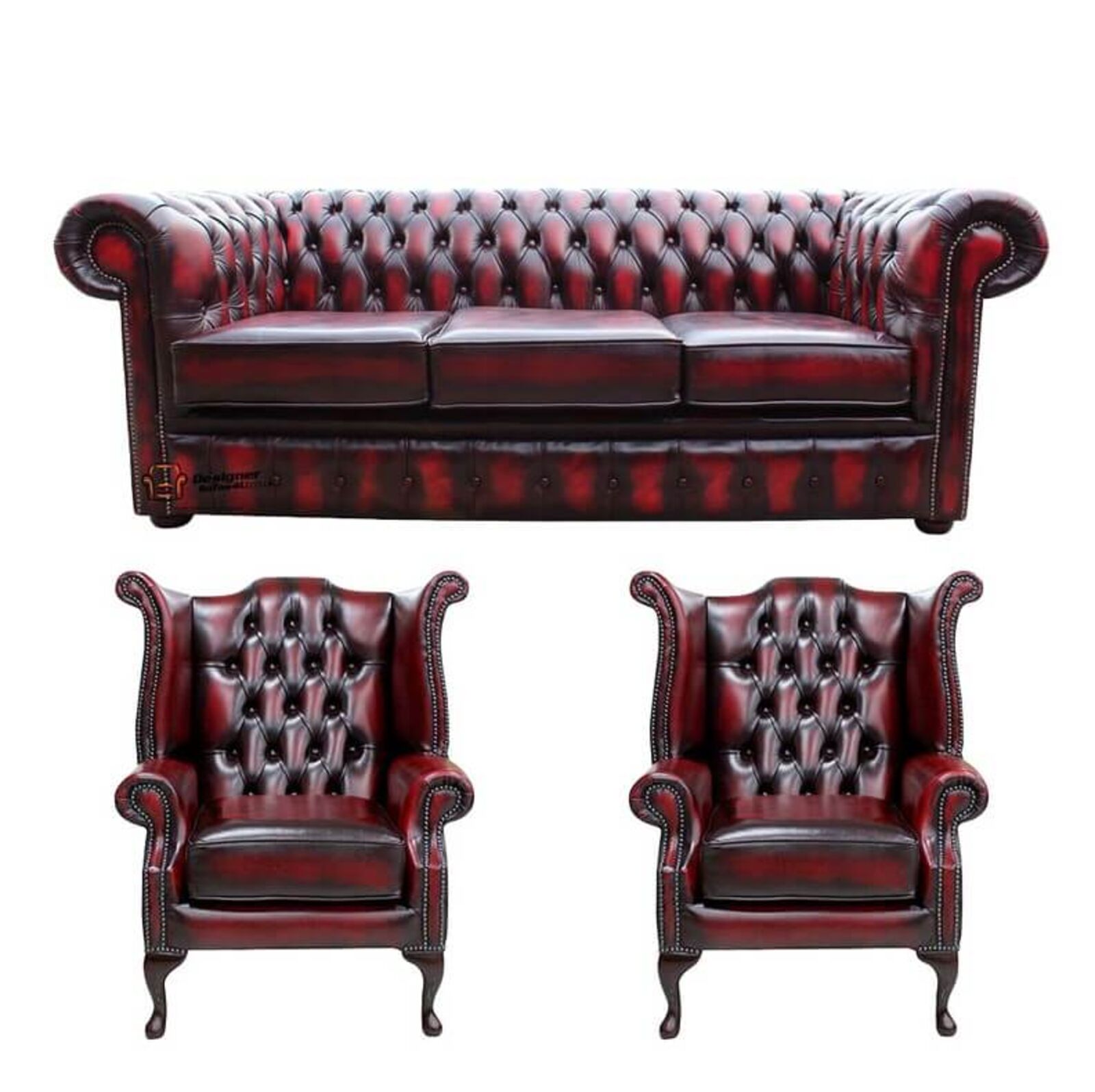 Product photograph of Chesterfield 3 Seater Sofa 2 X Queen Anne Chairs Leather Sofa Suite Offer Antique Oxblood from Designer Sofas 4U