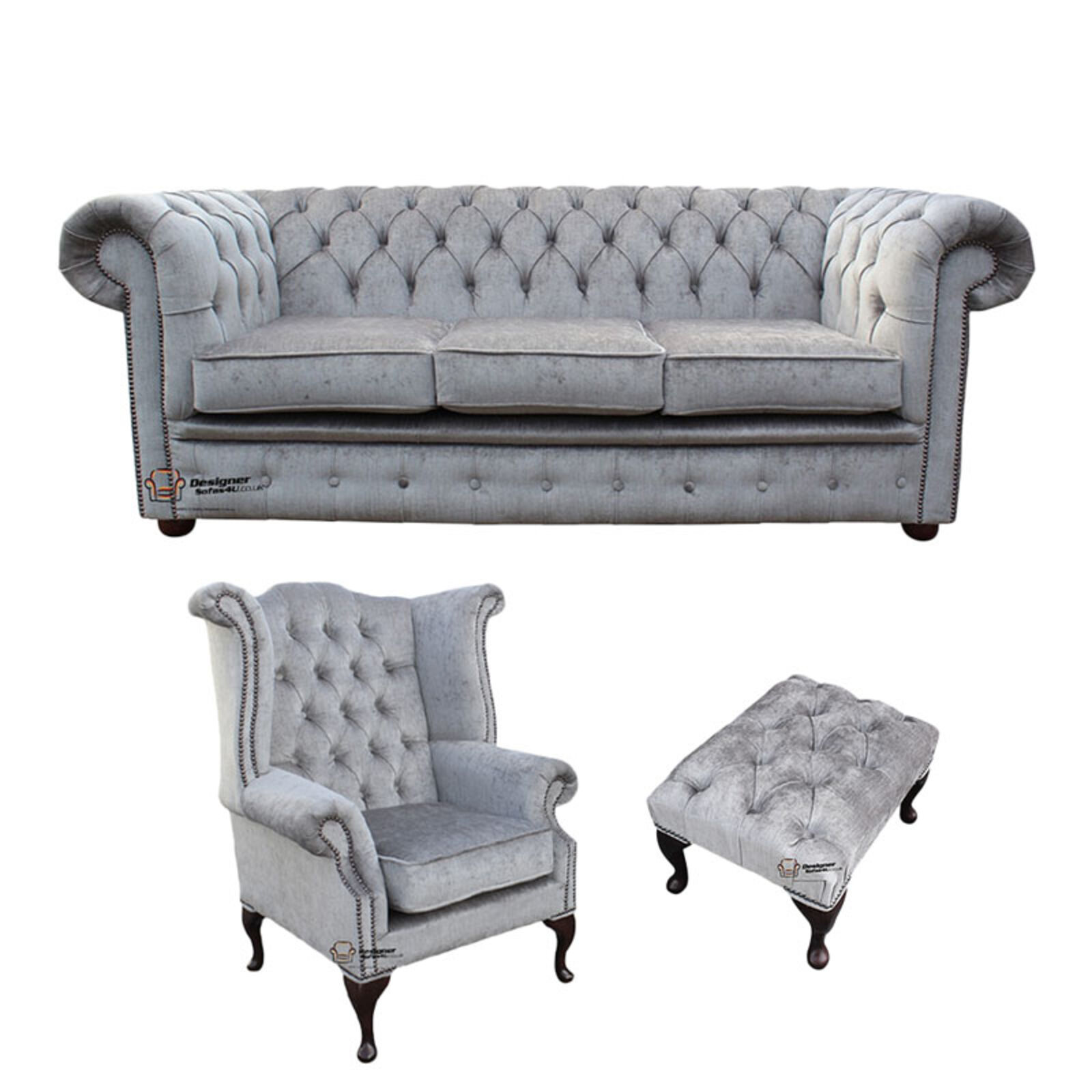 Product photograph of Chesterfield 3 Seater Sofa Queen Anne Wing Chair Footstool Harmony Dusk Velvet Sofa Suite Offer from Designer Sofas 4U