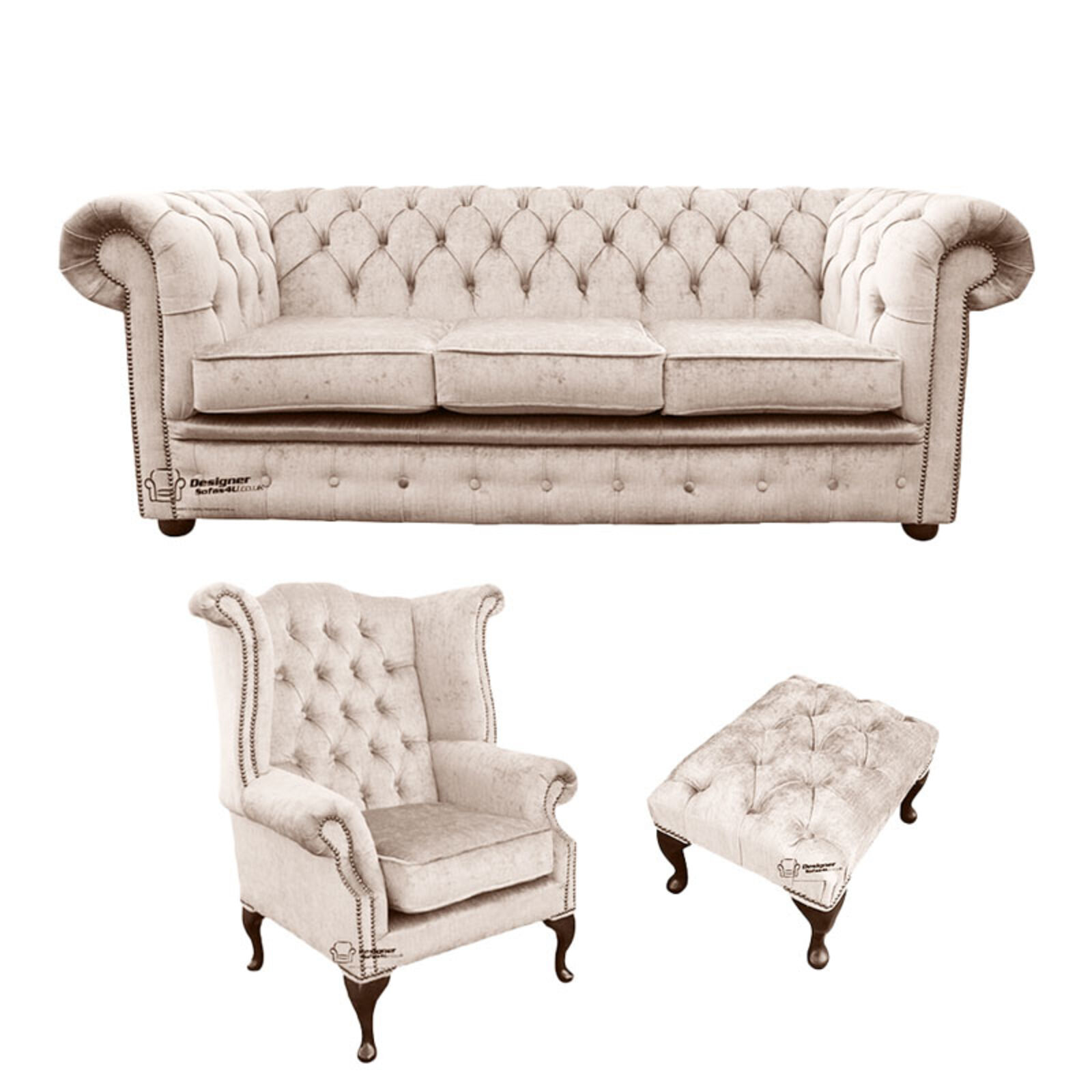 Product photograph of Chesterfield 3 Seater Sofa Queen Anne Wing Chair Footstool Harmony Ivory Velvet Sofa Suite Offer from Designer Sofas 4U