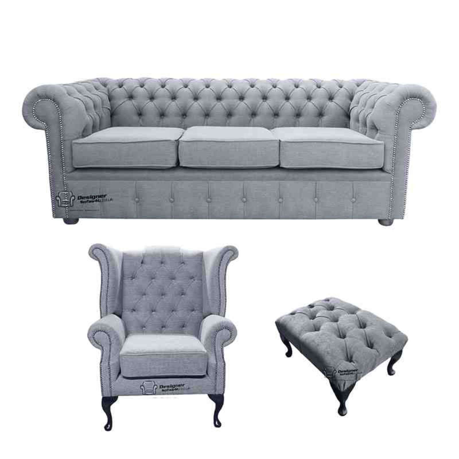 Product photograph of Chesterfield 3 Seater Sofa Queen Anne Wing Chair Footstool Verity Plain Steel Fabric Sofa Suite Offer from Designer Sofas 4U