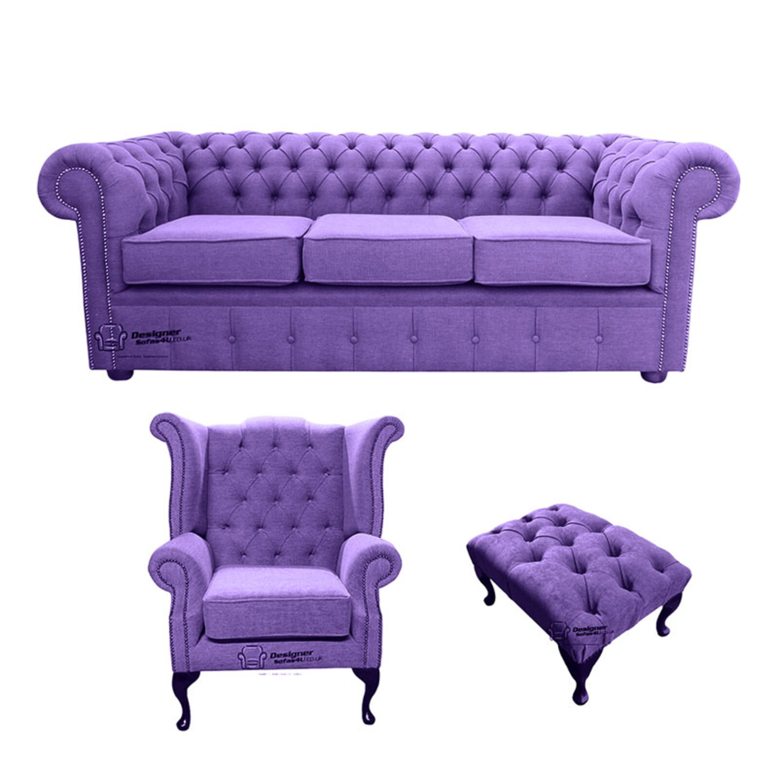 Product photograph of Chesterfield 3 Seater Sofa Queen Anne Wing Chair Footstool Verity Purple Fabric Sofa Suite Offer from Designer Sofas 4U