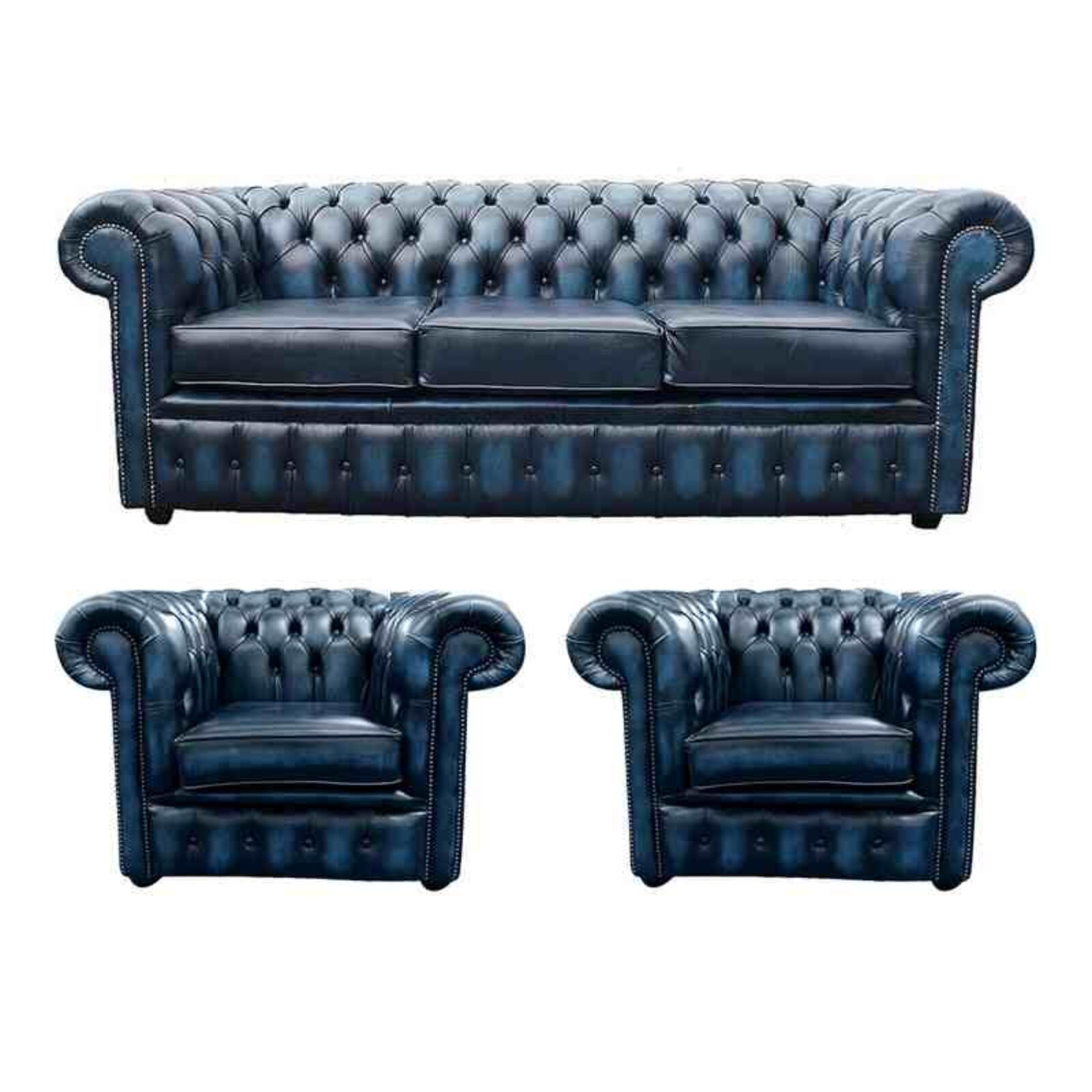 Product photograph of Chesterfield 3 Seater Sofa 2 X Club Chairs Leather Sofa Suite Offer Antique Blue from Designer Sofas 4U