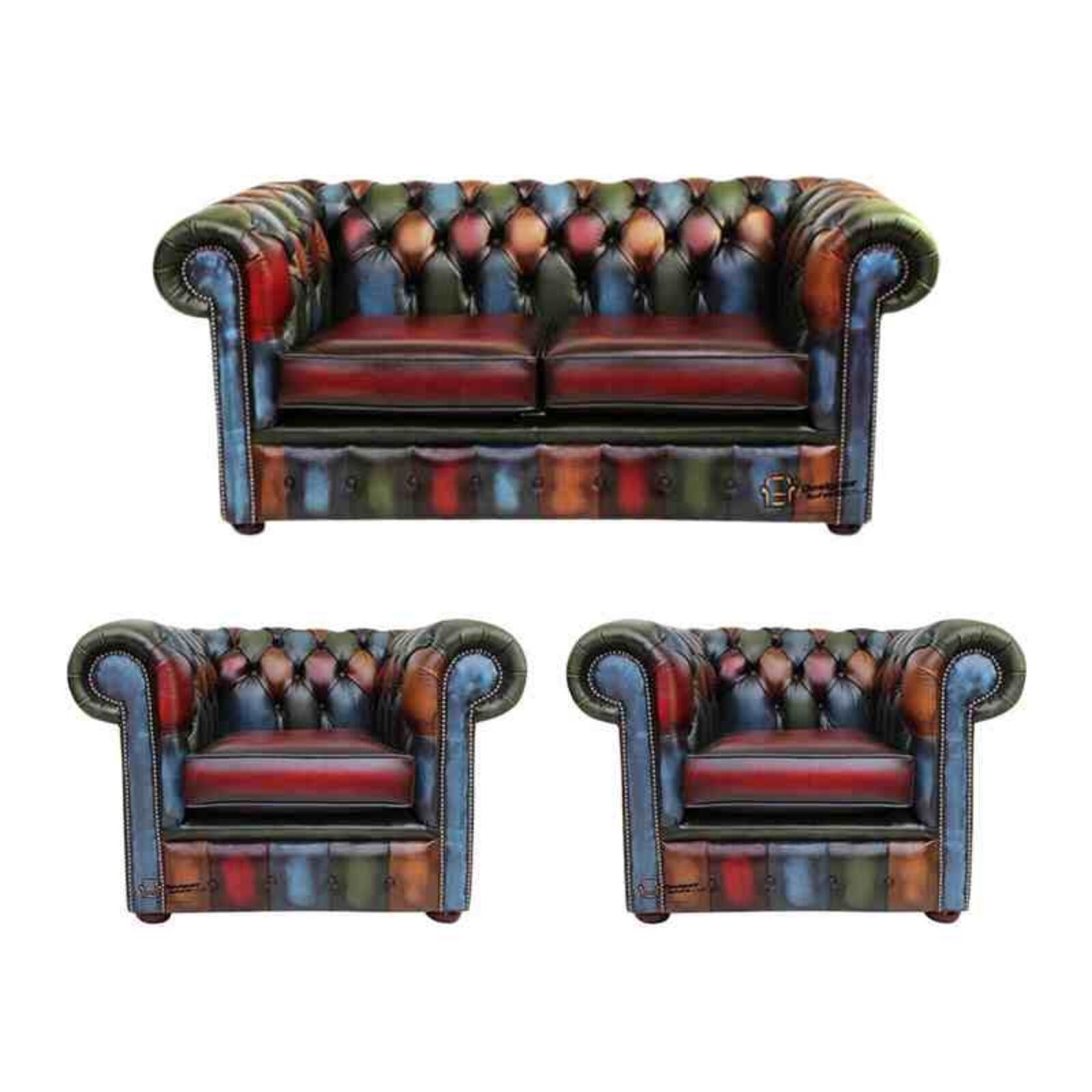 Product photograph of Chesterfield Patchwork Antique 2 Seater 2 X Club Chair Leather Sofa Offer from Designer Sofas 4U