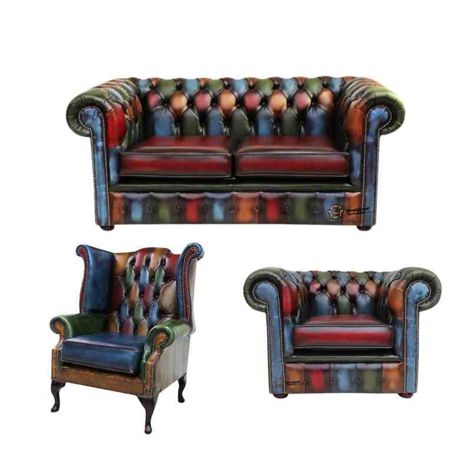 Product photograph of Chesterfield Patchwork Antique 2 Seater Club Chair Queen Anne Chair Leather Sofa Offer from Designer Sofas 4U