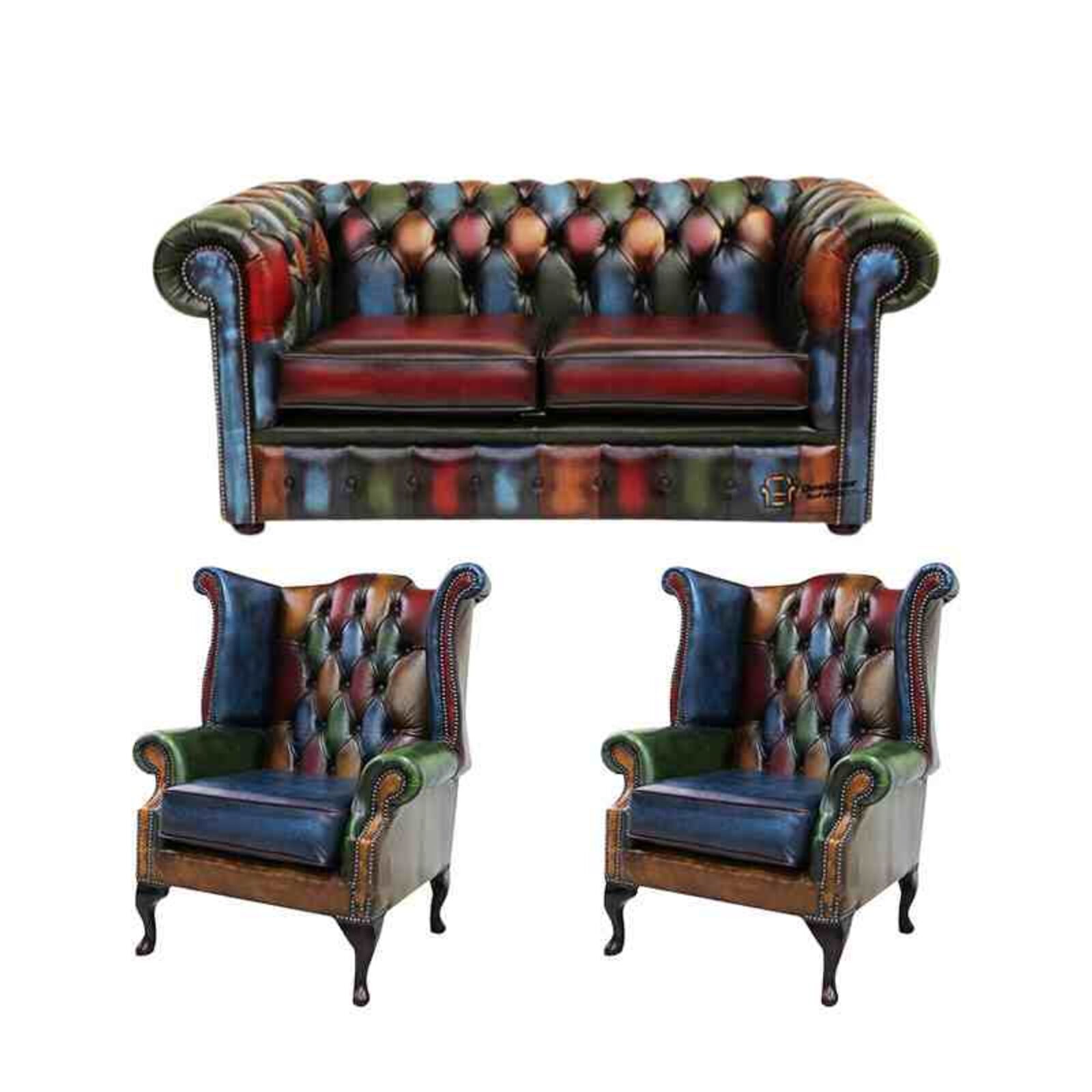 Product photograph of Chesterfield Patchwork Antique 2 Seater Sofa 2 X Queen Anne Chairs Leather Sofa Offer from Designer Sofas 4U