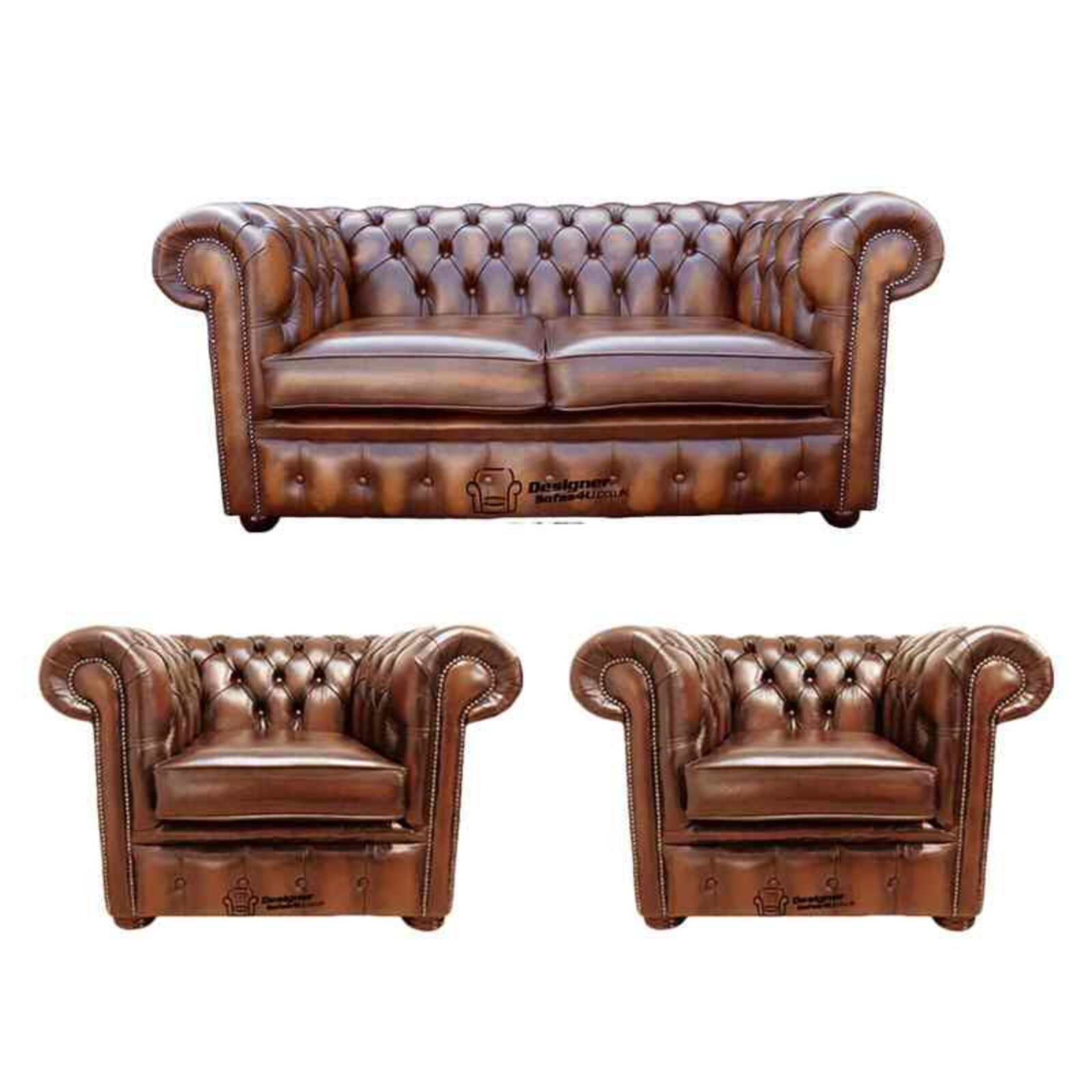 Product photograph of Chesterfield 2 Seater Sofa 2 X Club Chairs Leather Sofa Suite Offer Antique Tan from Designer Sofas 4U