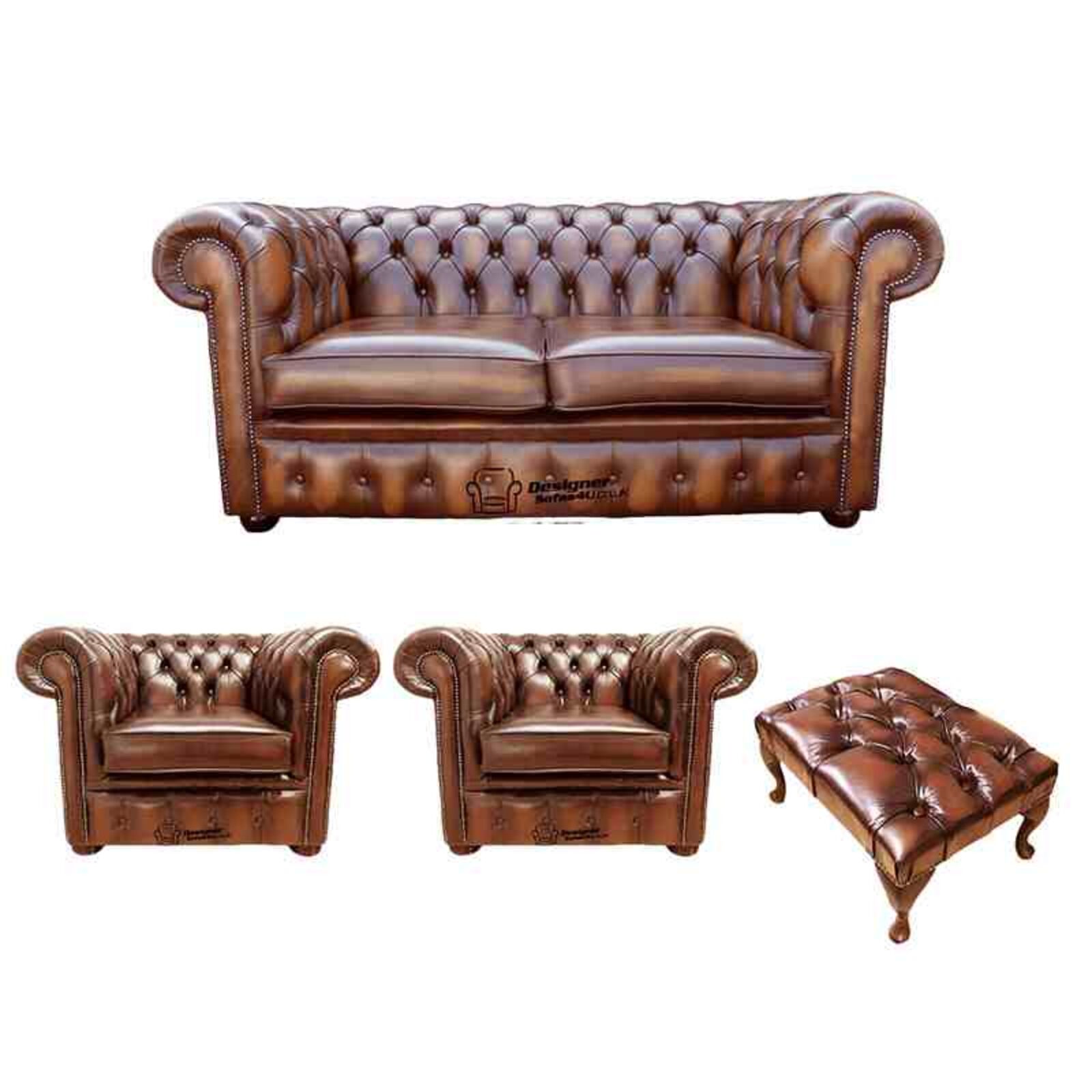Product photograph of Chesterfield 2 Seater Sofa 2 X Club Chairs Footstool Leather Sofa Suite Offer Antique Tan from Designer Sofas 4U