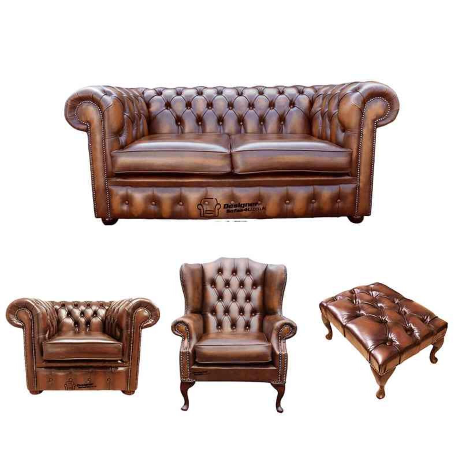 Product photograph of Chesterfield 2 Seater Sofa Club Chair Mallory Wing Chair Footstool Leather Sofa Suite Offer Antique Tan from Designer Sofas 4U