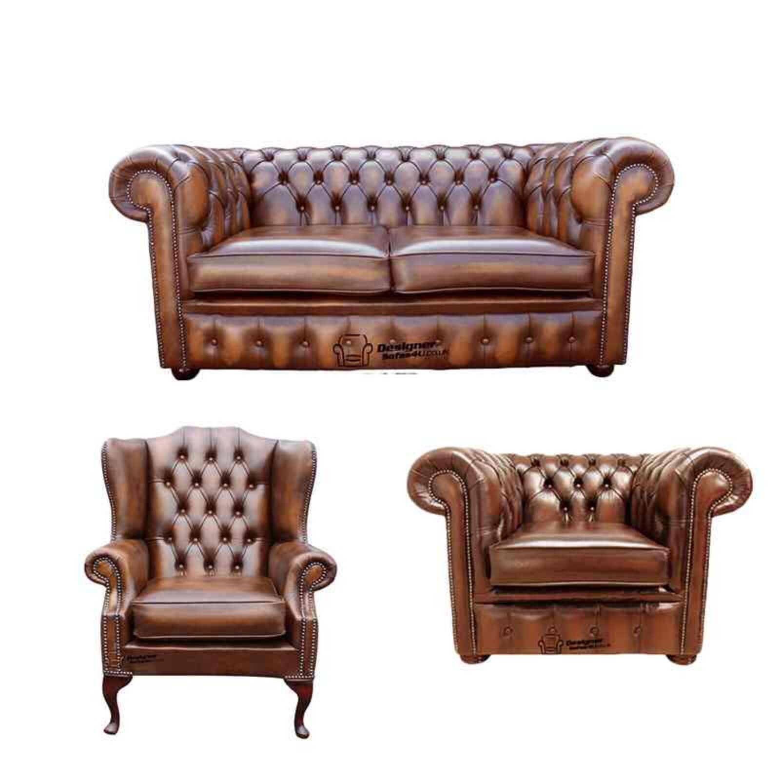 Product photograph of Chesterfield 2 Seater Sofa Club Chair Mallory Wing Chair Leather Sofa Suite Offer Antique Tan from Designer Sofas 4U