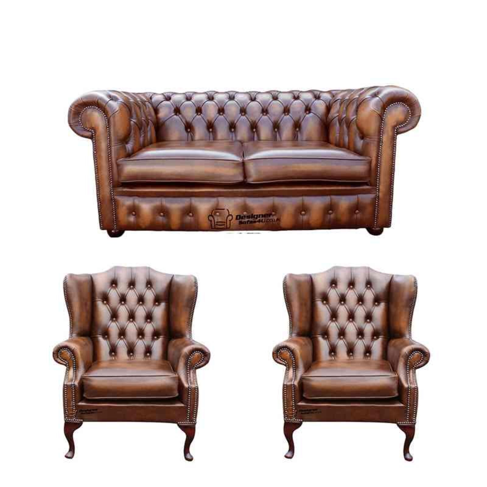 Product photograph of Chesterfield 2 Seater Sofa 2 X Mallory Wing Chairs Leather Sofa Suite Offer Antique Tan from Designer Sofas 4U