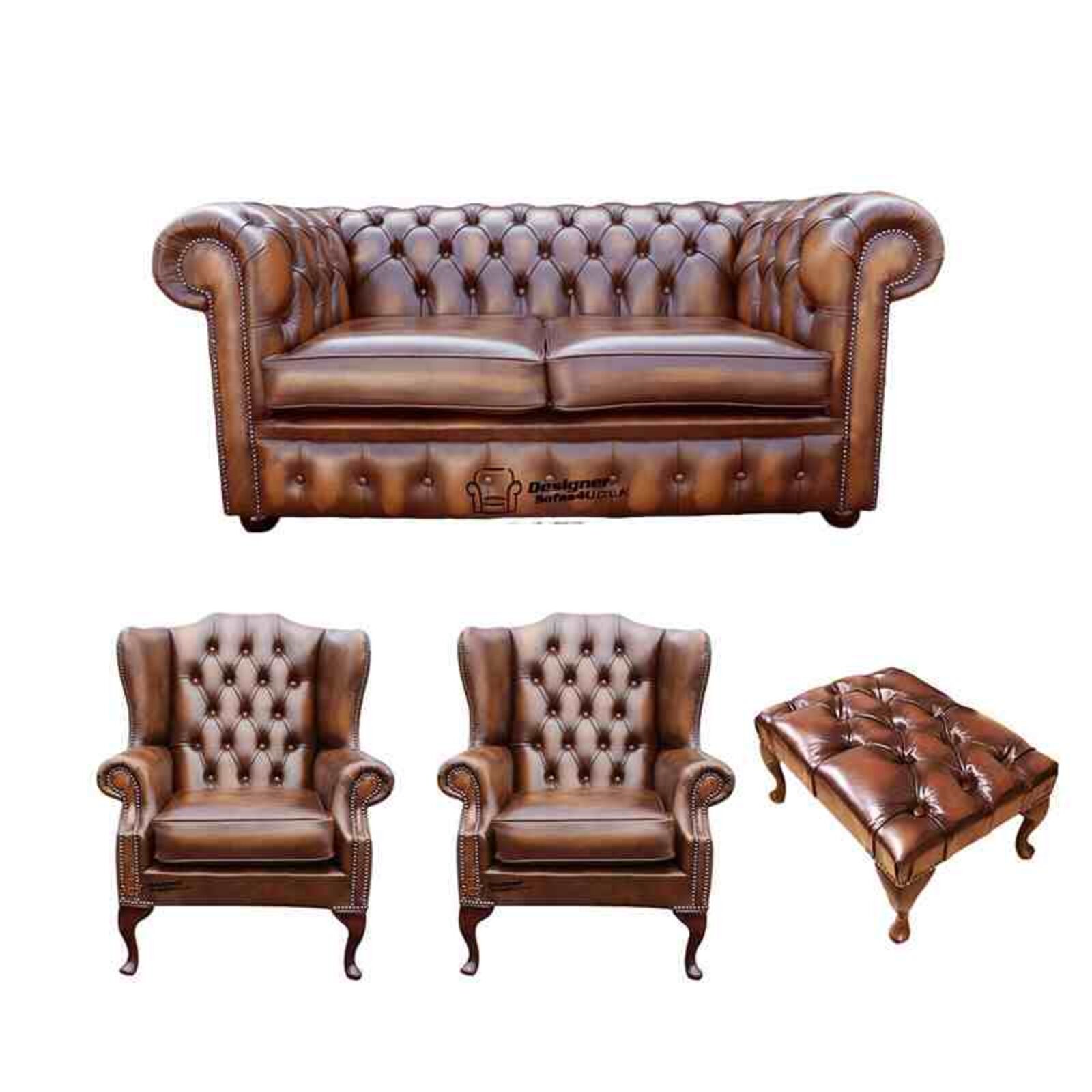 Product photograph of Chesterfield 2 Seater Sofa 2 X Mallory Wing Chair Footstool Leather Sofa Suite Offer Antique Tan from Designer Sofas 4U