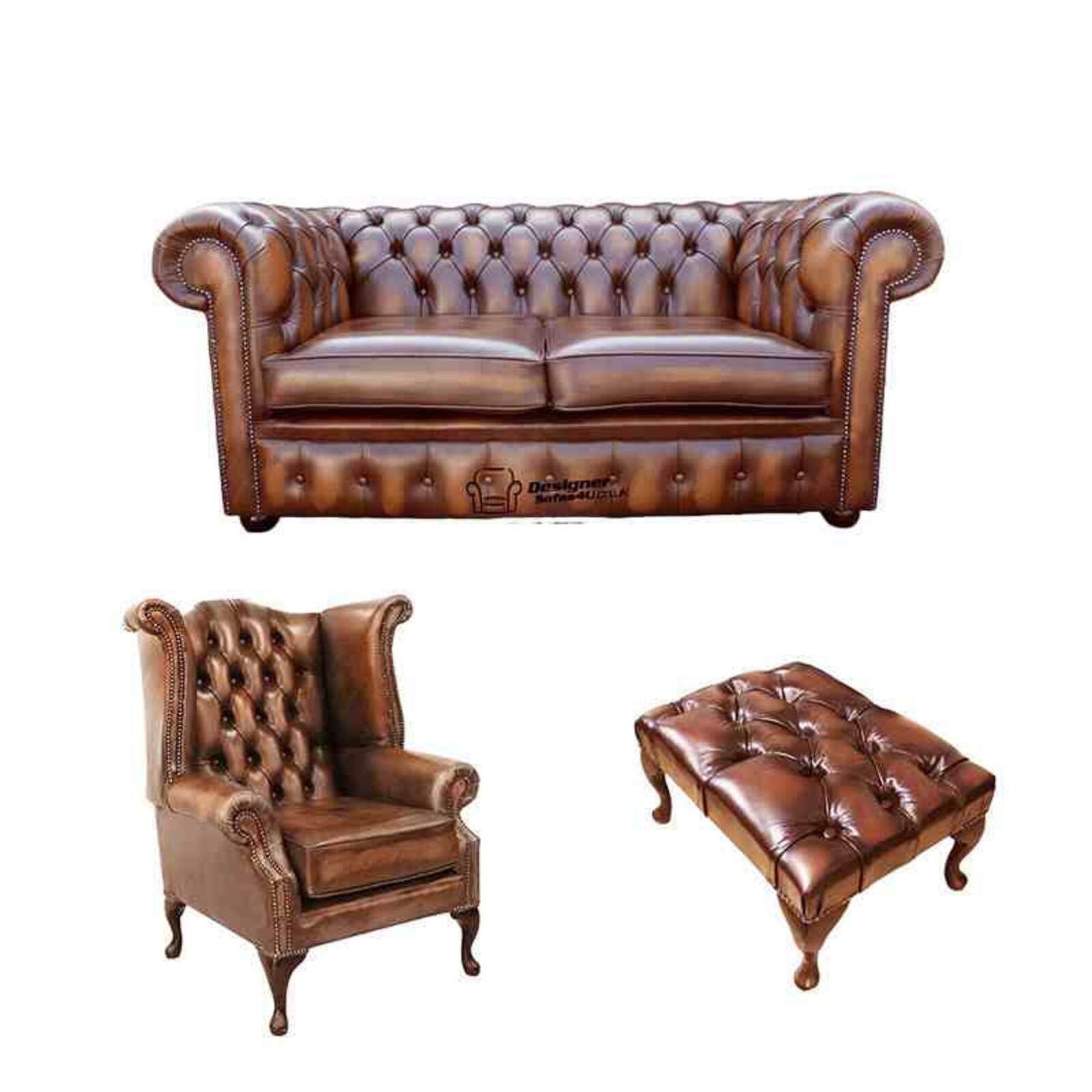 Product photograph of Chesterfield 2 Seater Sofa Queen Anne Footstool Leather Sofa Suite Offer Antique Tan from Designer Sofas 4U