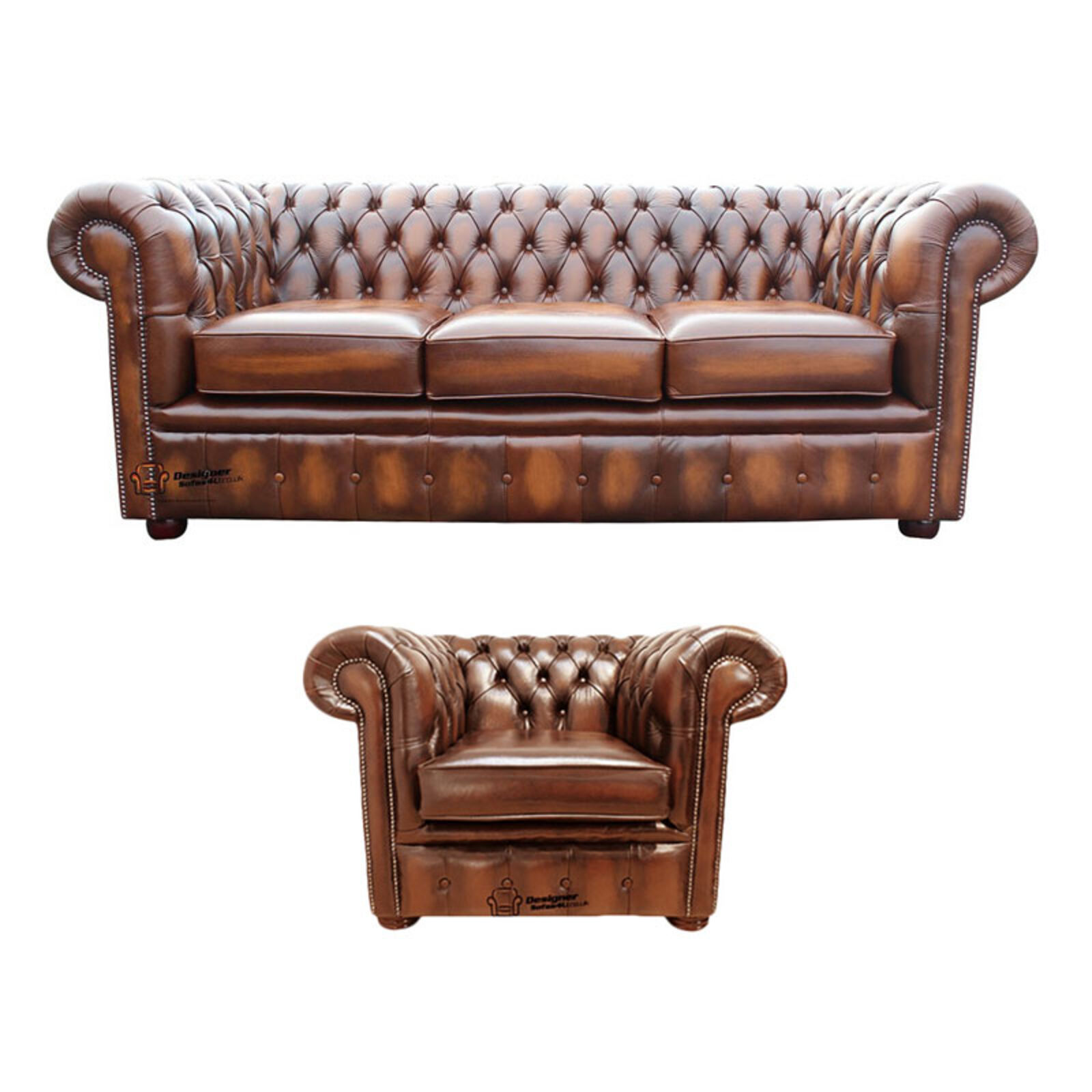Product photograph of Chesterfield 3 Seater Sofa Club Chair Leather Sofa Suite Offer Antique Tan from Designer Sofas 4U