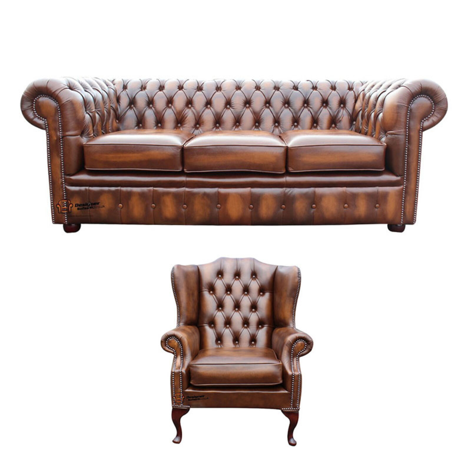 Product photograph of Chesterfield 3 Seater Sofa Mallory Wing Chair Leather Sofa Suite Offer Antique Tan from Designer Sofas 4U