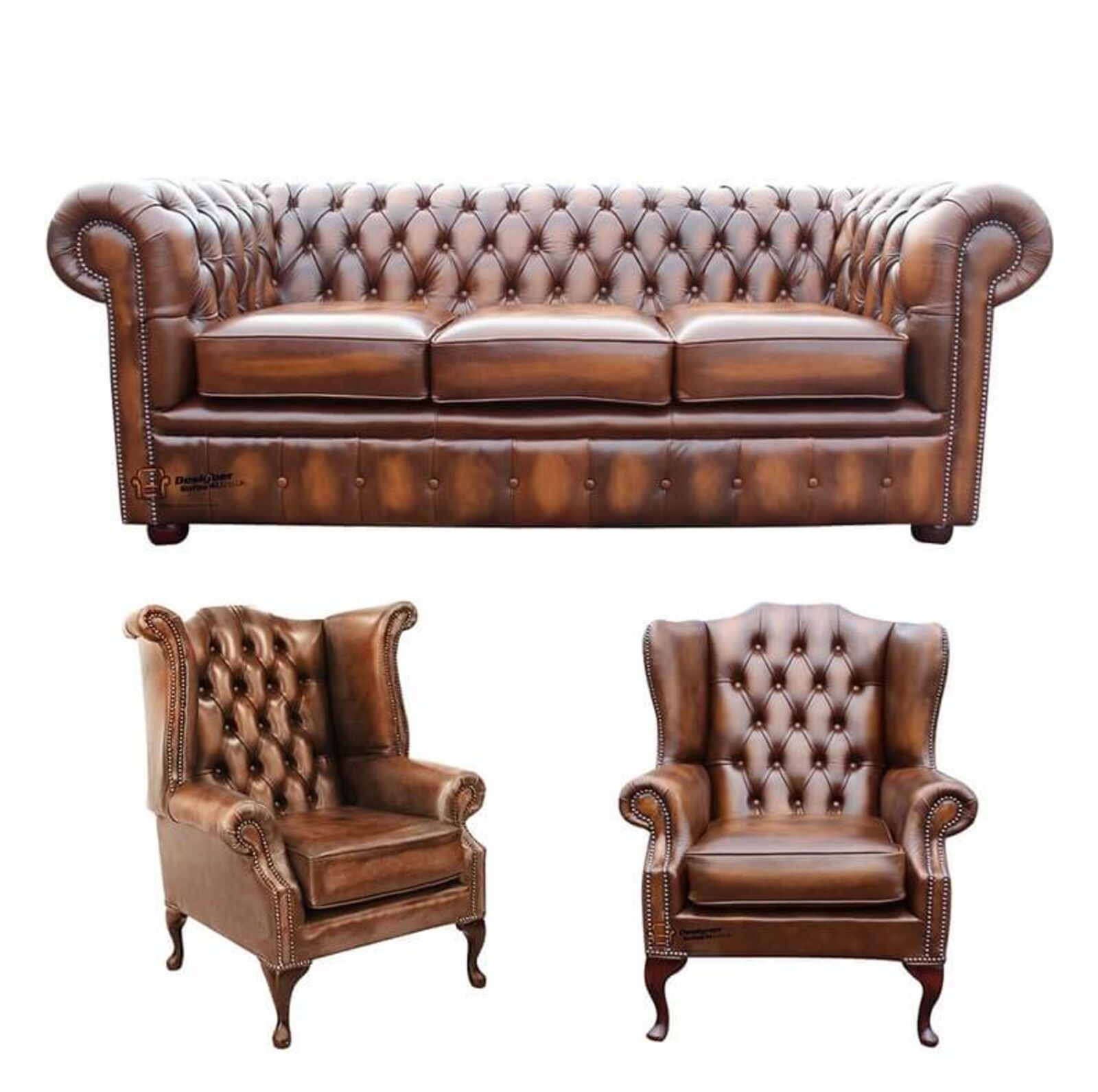 Product photograph of Chesterfield 3 Seater Sofa 1 X Mallory Wing Chair 1 X Queen Anne Wing Chair Leather Sofa Suite Offer Antique Tan from Designer Sofas 4U