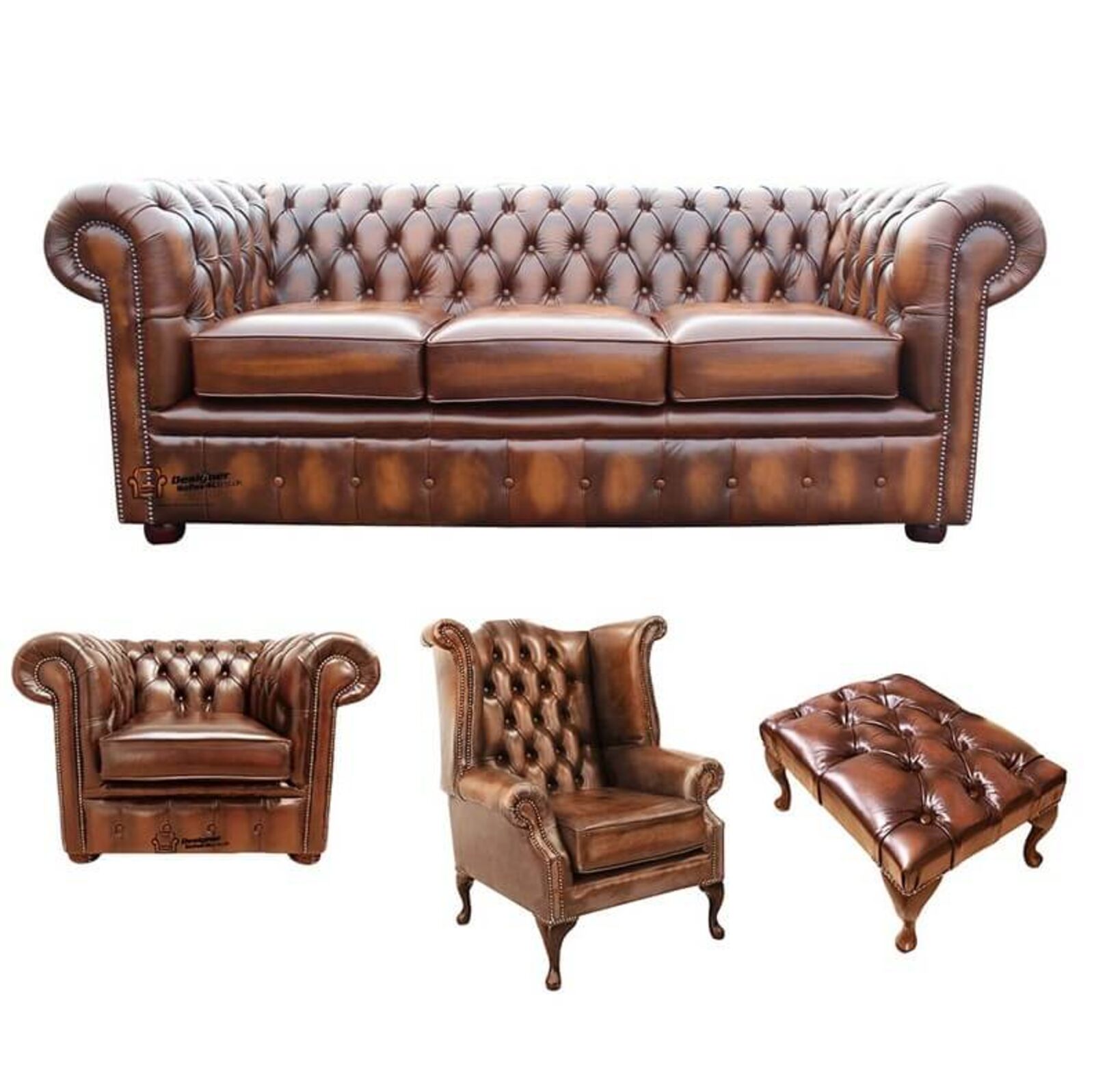 Product photograph of Chesterfield 3 Seater Sofa Club Chair Queen Anne Wing Chair Footstool Leather Sofa Suite Offer Antique Tan from Designer Sofas 4U