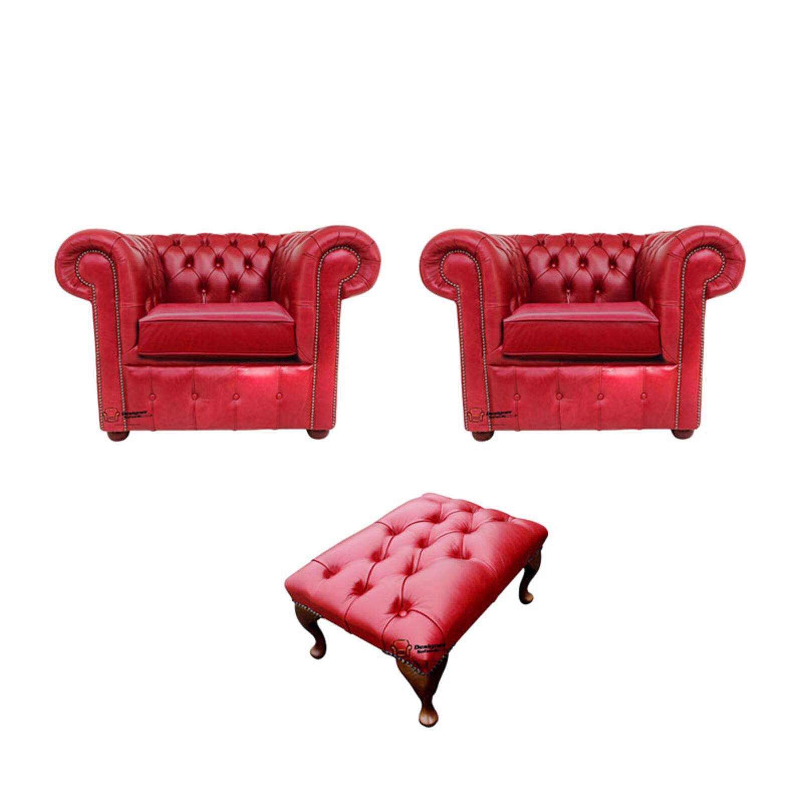 Product photograph of Chesterfield 2 X Club Chairs Footstool Old English Gamay Red Leather Sofa Offer from Designer Sofas 4U