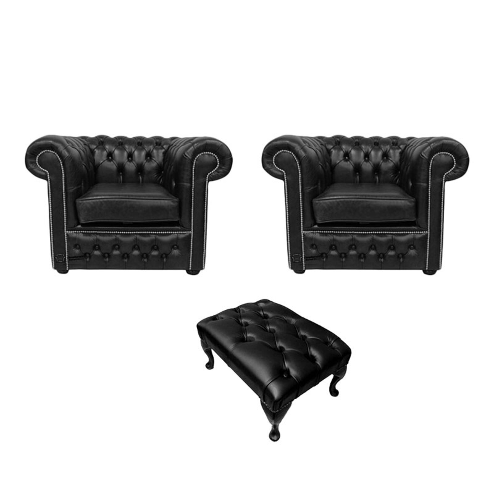 Product photograph of Chesterfield 2 X Club Chairs Footstool Old English Black Leather Sofa Offer from Designer Sofas 4U