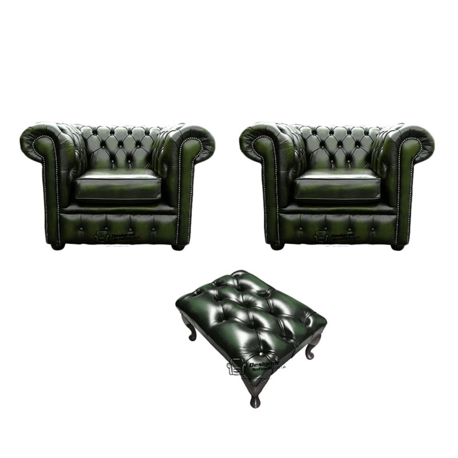 Product photograph of Chesterfield 2 X Club Chairs Footstool Leather Sofa Suite Offer Antique Green from Designer Sofas 4U