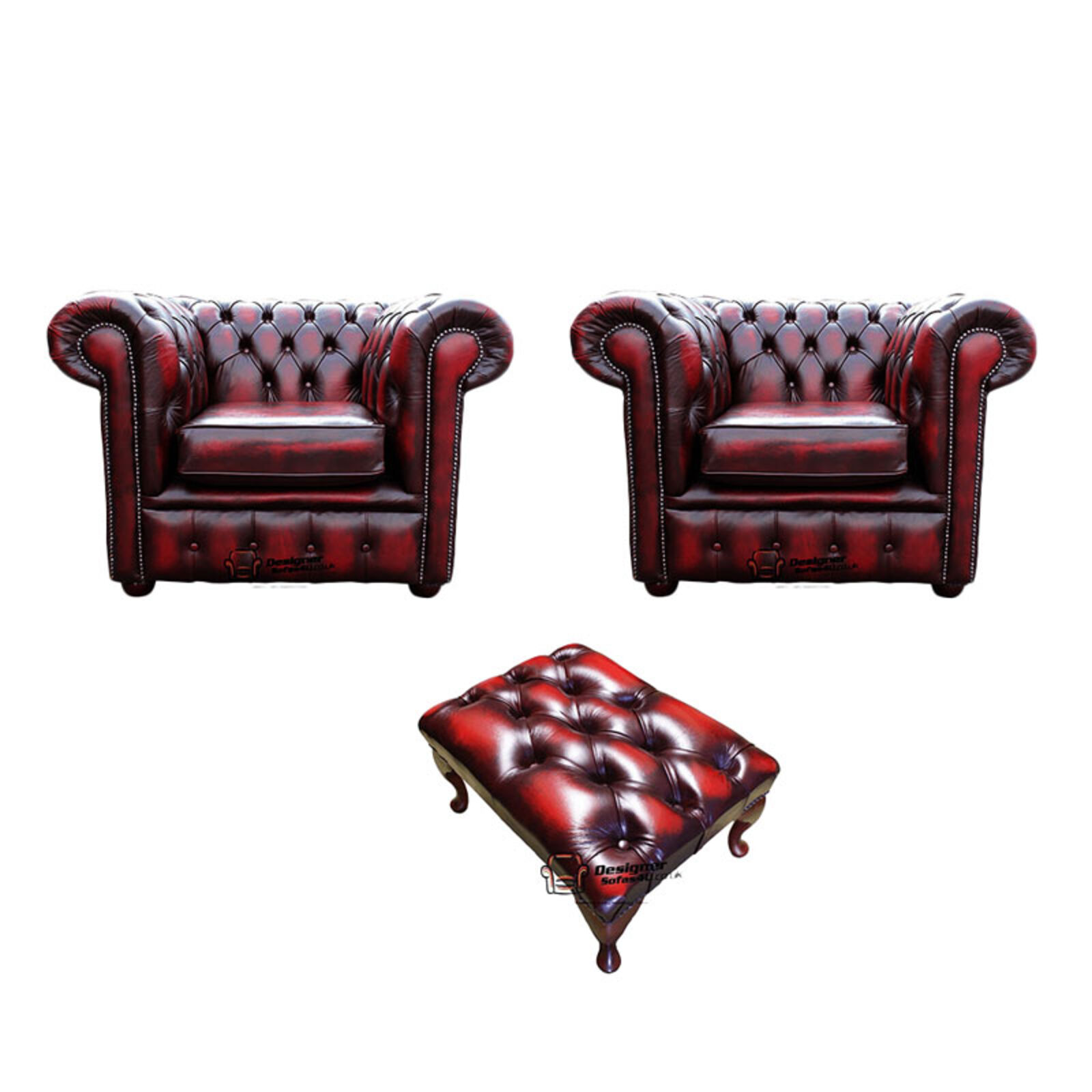 Product photograph of Chesterfield 2 X Club Chairs Footstool Leather Sofa Suite Offer Antique Oxblood from Designer Sofas 4U