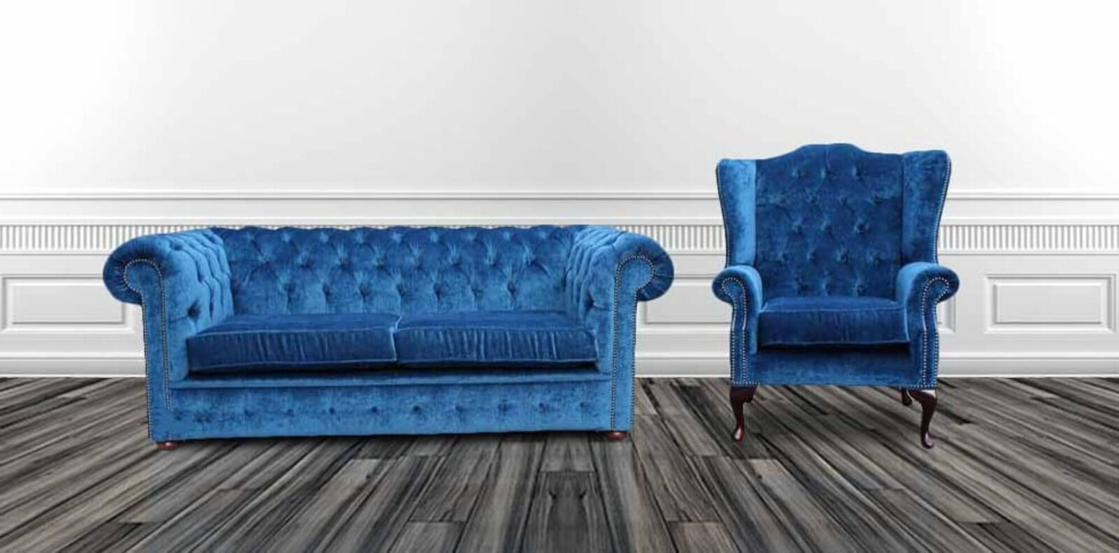 Product photograph of Chesterfield 2 Seater Sofa And Wing Chair Velluto Royal Blue Velvet Offer from Designer Sofas 4U