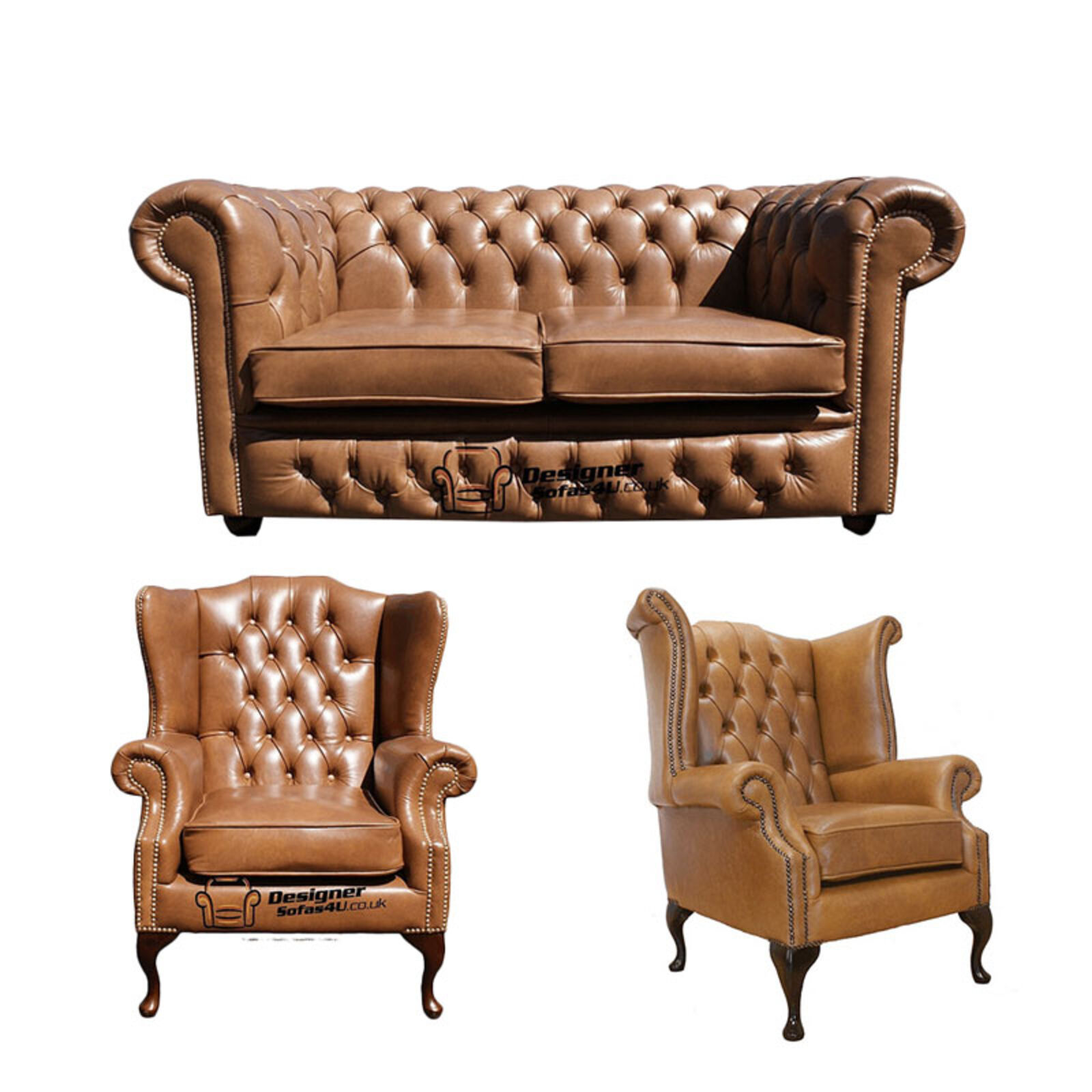 Product photograph of Chesterfield 2 Seater Sofa 1 X Mallory Wing Chair 1 X Queen Anne Chair Old English Tan Leather Sofa Offer from Designer Sofas 4U