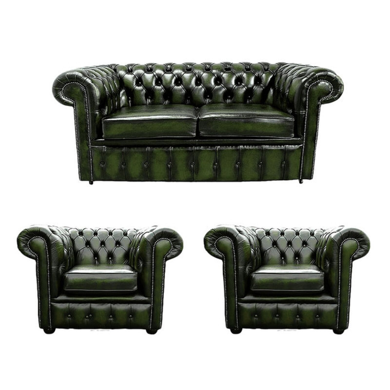 Product photograph of Chesterfield 2 Seater Sofa 2 X Club Chairs Leather Sofa Suite Offer Antique Green from Designer Sofas 4U