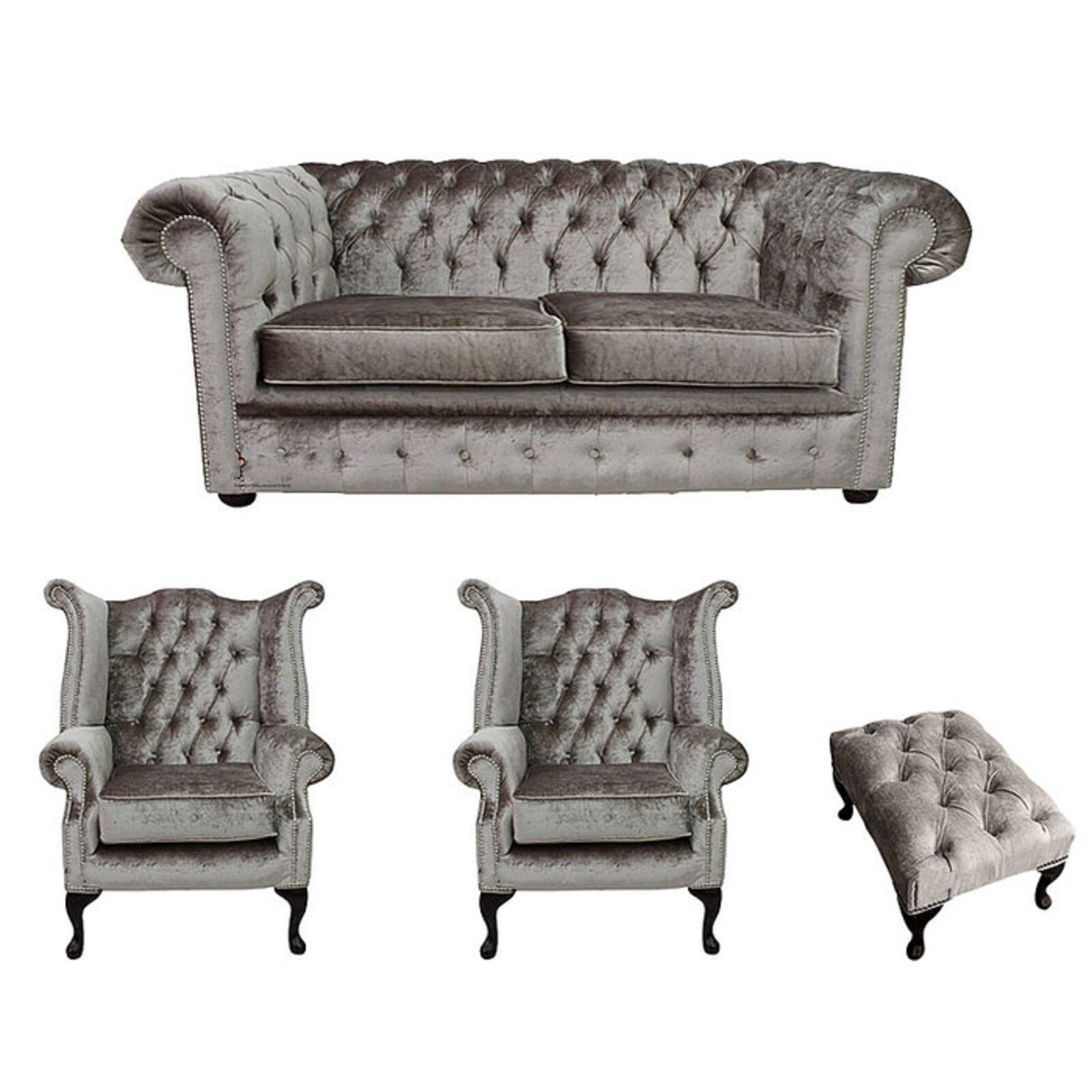 Product photograph of Chesterfield 2 Seater Sofa 2 X Queen Anne Chairs Footstool Boutique Beige Velvet Sofa Suite Offer from Designer Sofas 4U