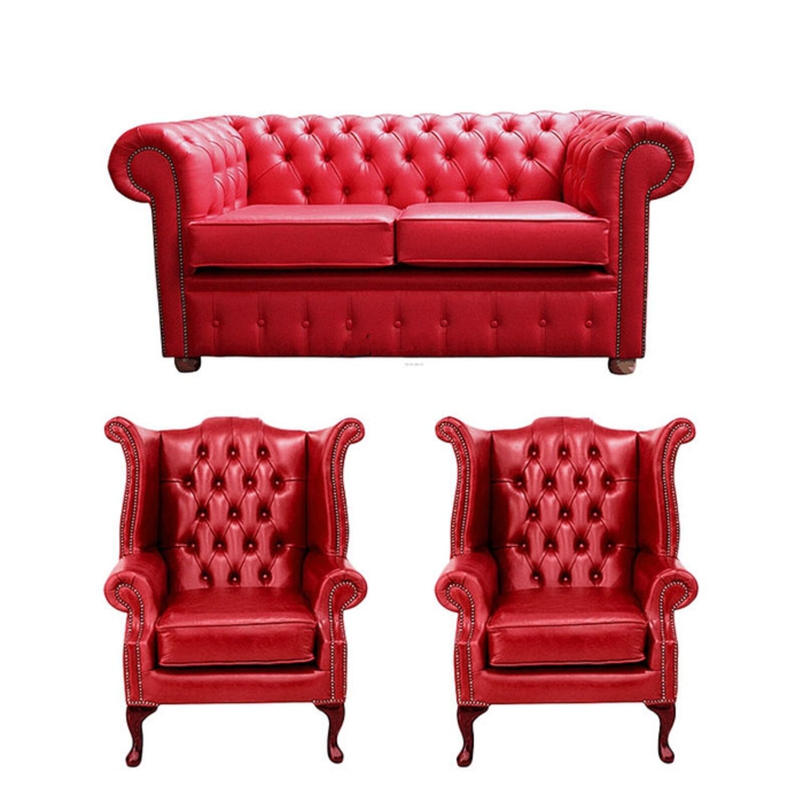 Product photograph of Chesterfield 2 Seater Sofa 2 X Queen Anne Chairs Old English Gamay Red Leather Sofa Offer from Designer Sofas 4U