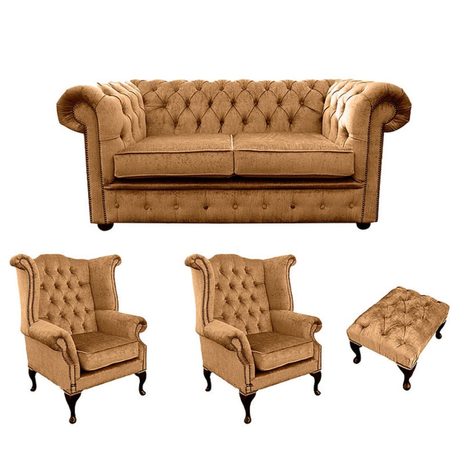 Product photograph of Chesterfield 2 Seater Sofa 2 X Queen Anne Wing Chairs Footstool Harmony Gold Velvet Sofa Suite Offer from Designer Sofas 4U