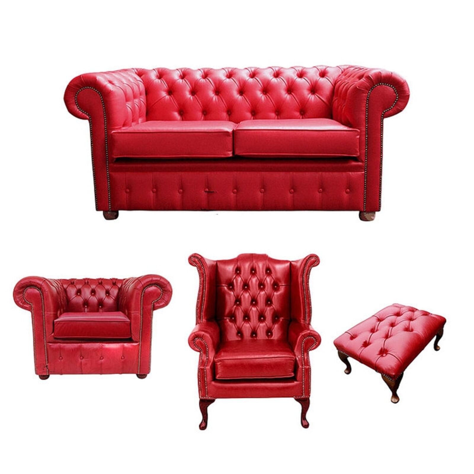 Product photograph of Chesterfield 2 Seater Sofa Club Chair Queen Anne Chair Footstool Old English Gamay Red Leather Sofa Offer from Designer Sofas 4U