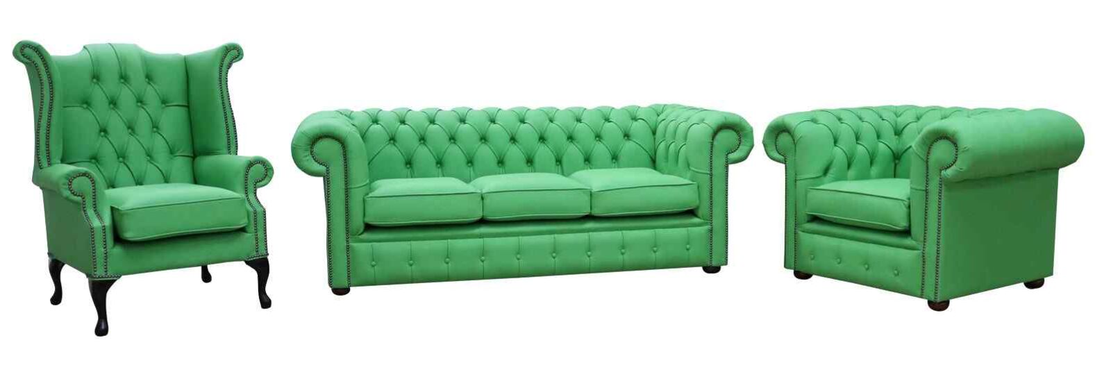 Product photograph of Chesterfield 3 Seater Sofa Club Chair Queen Anne Wing Chair Apple Green Leather Sofa Suite from Designer Sofas 4U