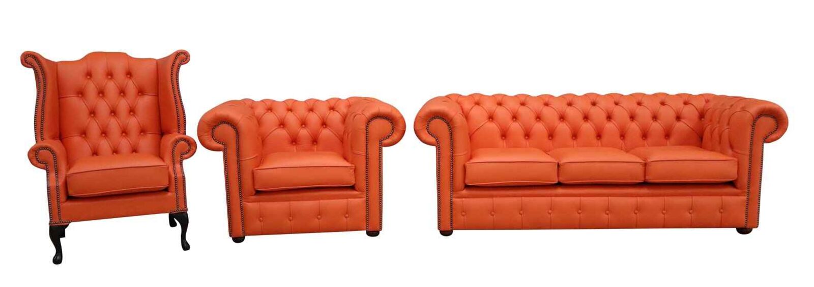 Product photograph of Chesterfield 3 Seater Sofa Club Chair Queen Anne Wing Chair Orange Leather Sofa Suite from Designer Sofas 4U