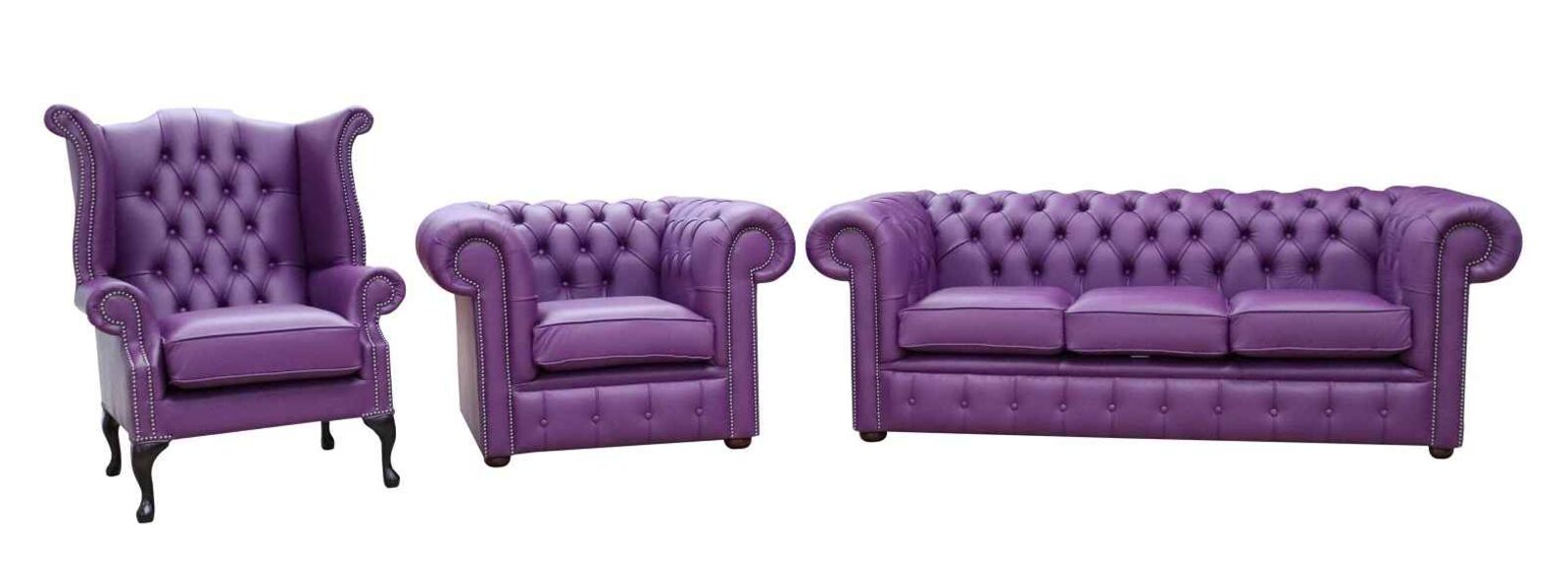 Product photograph of Chesterfield 3 Seater Sofa Club Chair Queen Anne Wing Chair Purple Leather Sofa Suite from Designer Sofas 4U