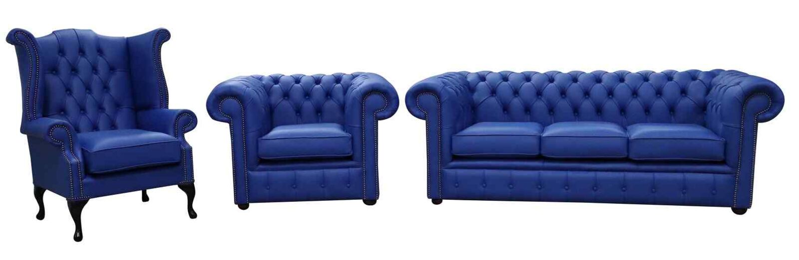 Product photograph of Chesterfield 3 Seater Sofa Club Chair Queen Anne Wing Chair Blue Leather Sofa Suite from Designer Sofas 4U