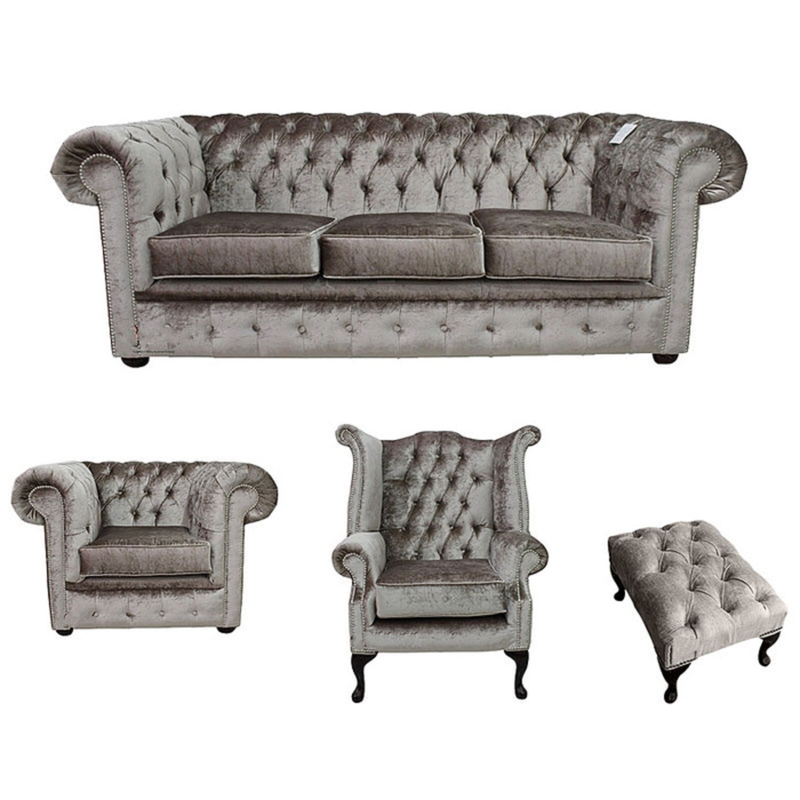 Product photograph of Chesterfield 3 Seater Club Chair Queen Anne Chair Footstool Boutique Beige Velvet Sofa Suite Offer from Designer Sofas 4U