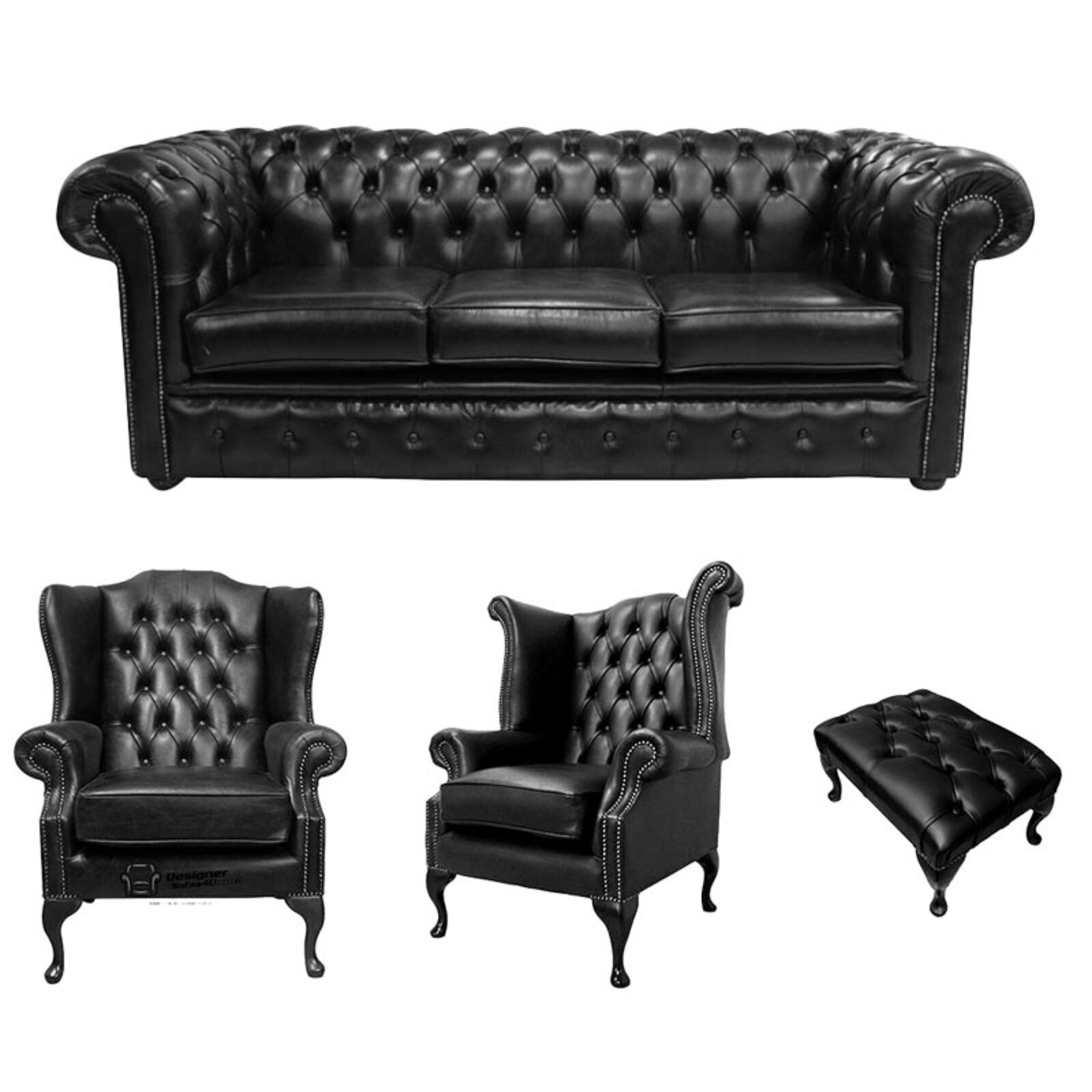 Product photograph of Chesterfield 3 Seater Sofa 1 X Mallory Wing Chair 1 X Queen Anne Chair Footstool Old English Black Leather Sofa Offer from Designer Sofas 4U