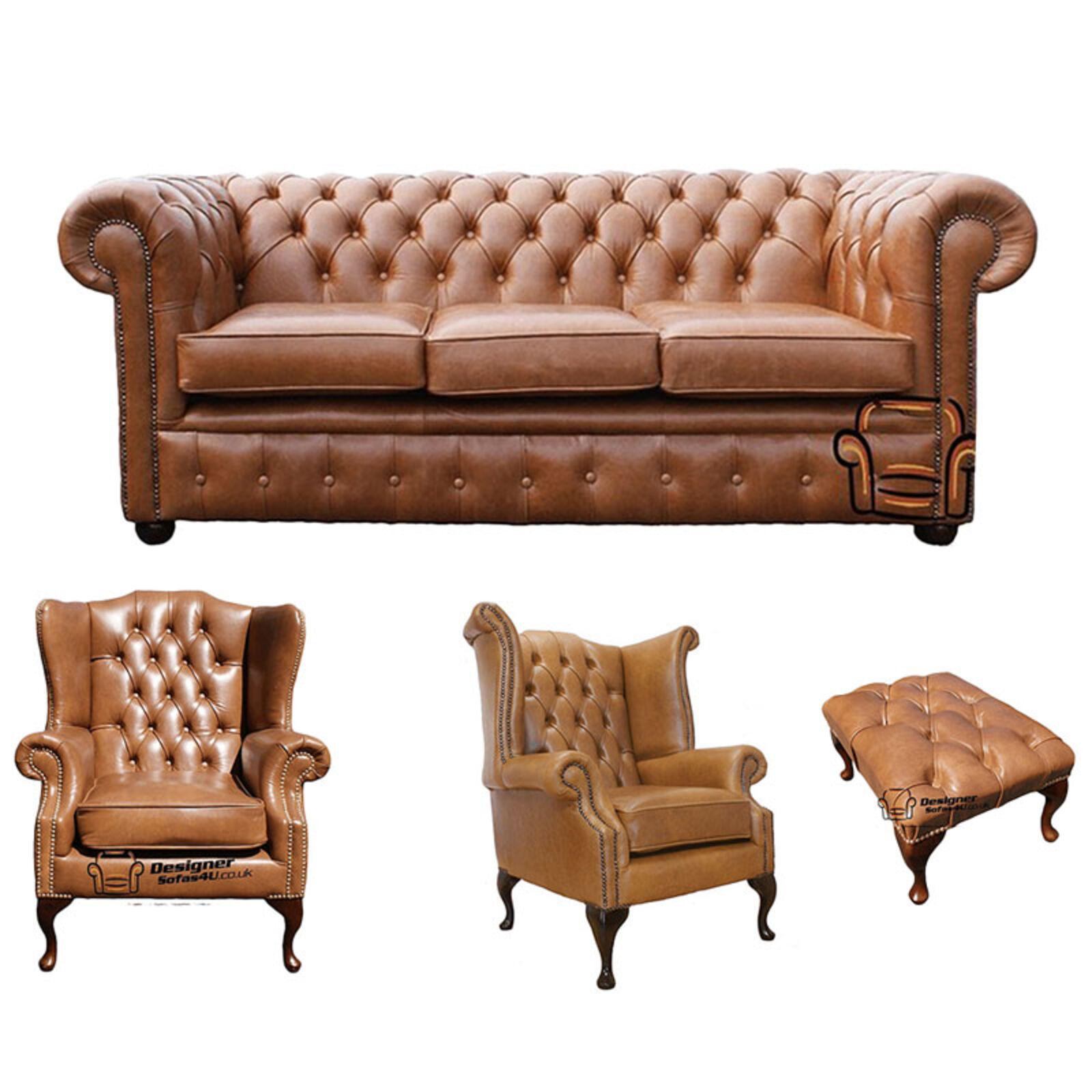 Product photograph of Chesterfield 3 Seater Sofa 1 X Mallory Wing Chair 1 X Queen Anne Chair Footstool Old English Tan Leather Sofa Offer from Designer Sofas 4U