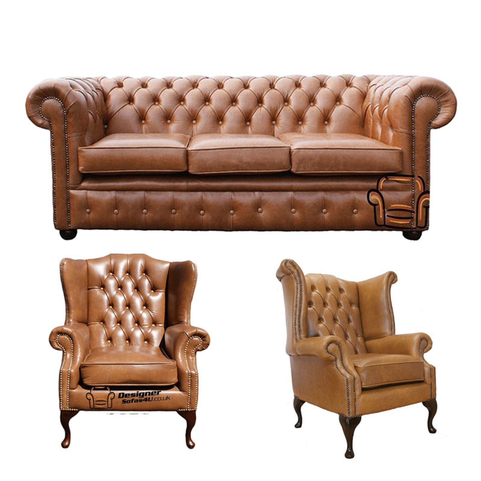 Product photograph of Chesterfield 3 Seater Sofa 1 X Mallory Wing Chair 1 X Queen Anne Chair Old English Tan Leather Sofa Offer from Designer Sofas 4U