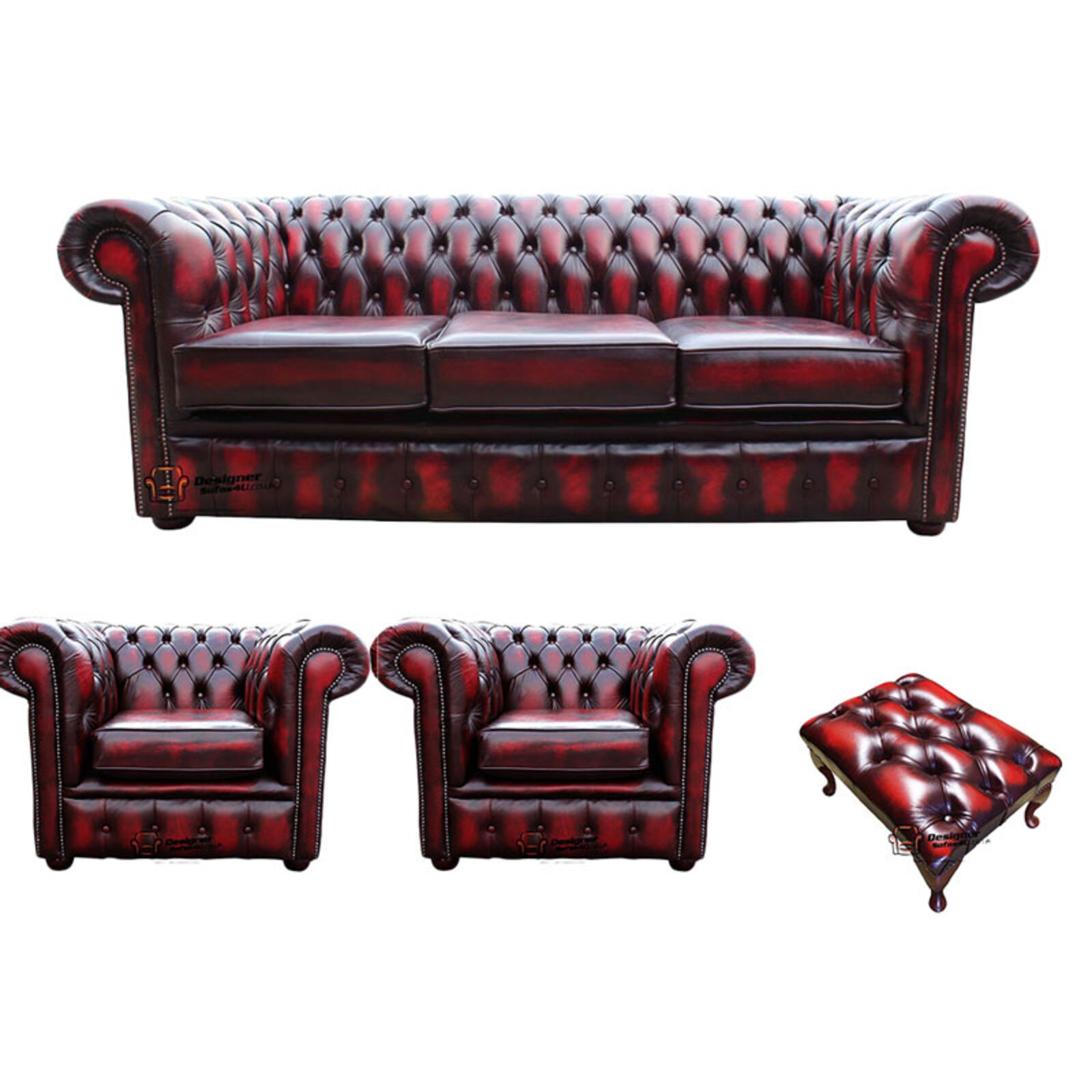 Product photograph of Chesterfield 3 Seater Sofa 2 X Club Chairs Footstool Leather Sofa Suite Offer Antique Oxblood from Designer Sofas 4U