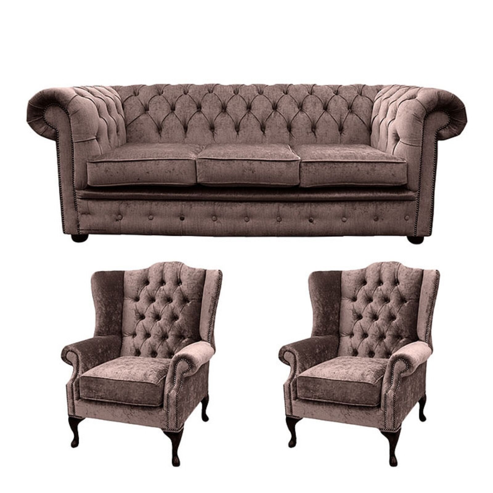 Product photograph of Chesterfield 3 Seater Sofa 2 X Mallory Wing Chair Harmony Charcoal Velvet Sofa Suite Offer from Designer Sofas 4U