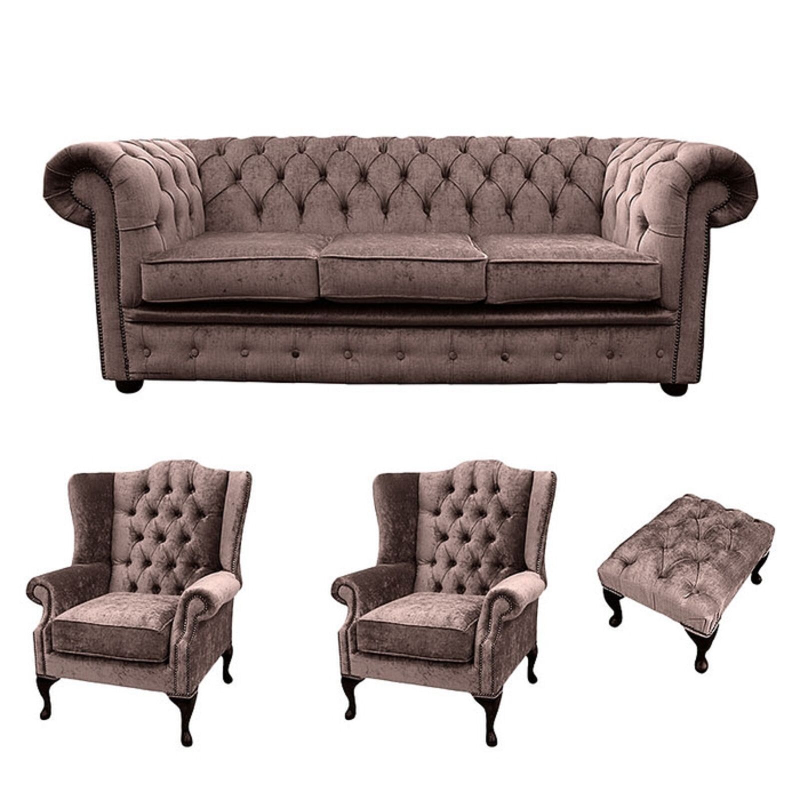 Product photograph of Chesterfield 3 Seater Sofa 2 X Mallory Wing Chairs Footstool Harmony Charcoal Velvet Sofa Suite Offer from Designer Sofas 4U