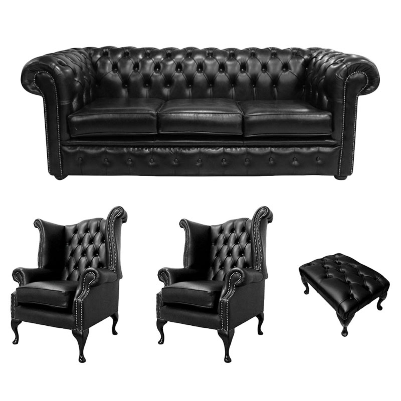 Product photograph of Chesterfield 3 Seater Sofa 2 X Queen Anne Chairs Footstool Old English Black Leather Sofa Offer from Designer Sofas 4U