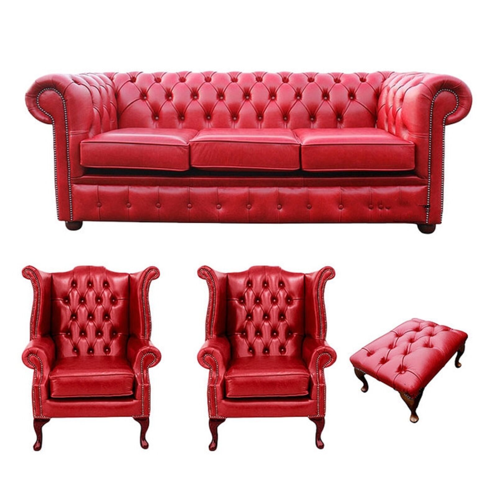 Product photograph of Chesterfield 3 Seater Sofa 2 X Queen Anne Chairs Footstool Old English Gamay Red Leather Sofa Offer from Designer Sofas 4U