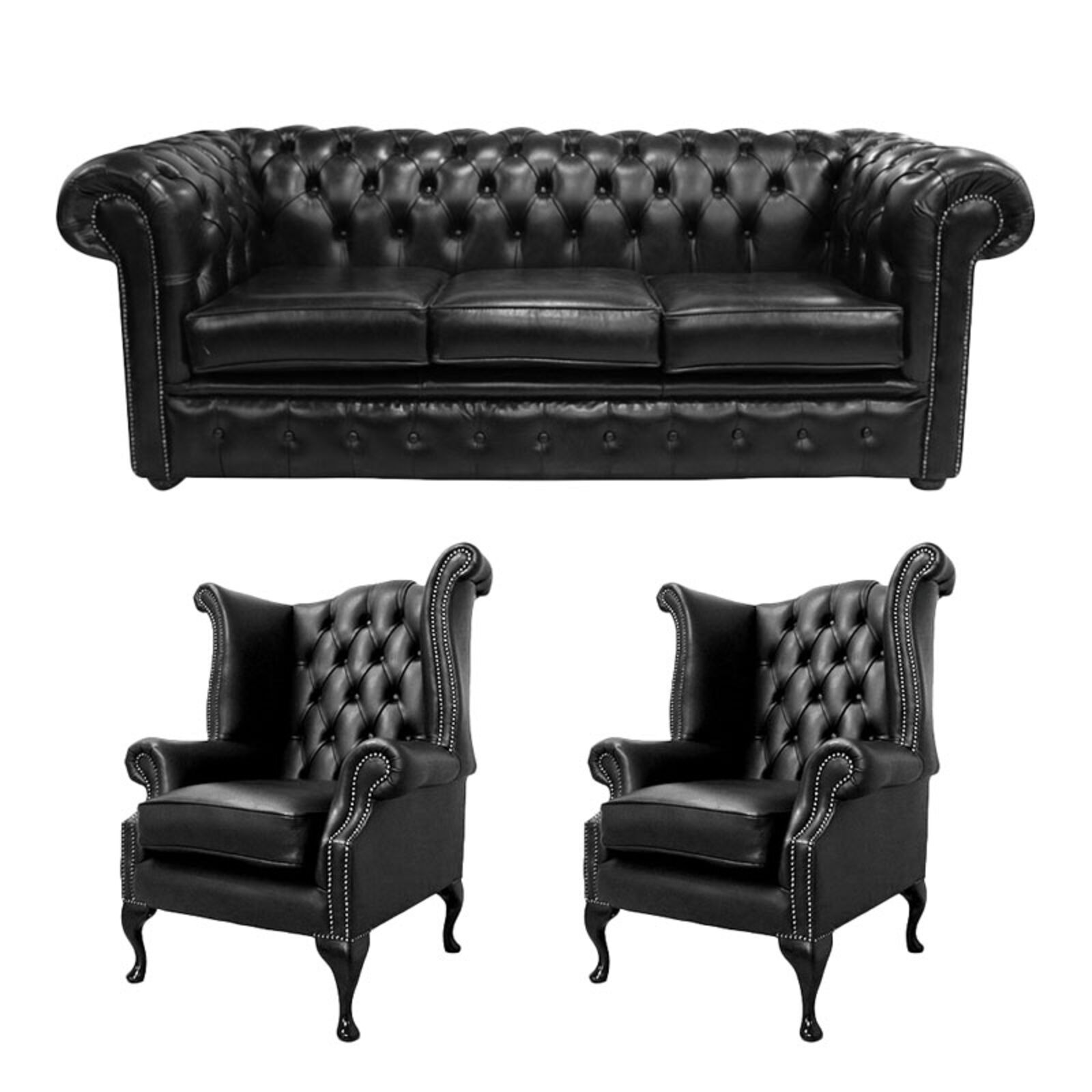 Product photograph of Chesterfield 3 Seater Sofa 2 X Queen Anne Chairs Old English Black Leather Sofa Offer from Designer Sofas 4U