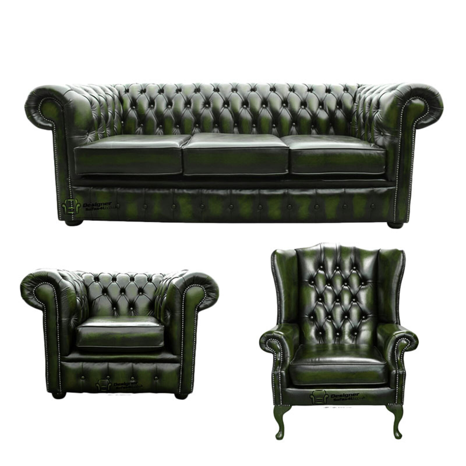 Product photograph of Chesterfield 3 Seater Sofa Club Chair Mallory Wing Chair Leather Sofa Suite Offer Antique Green from Designer Sofas 4U