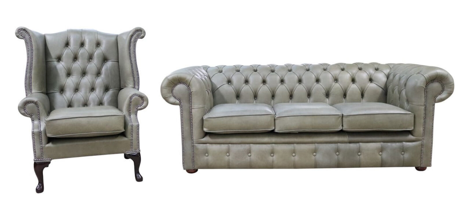 Product photograph of Chesterfield Leather Suite 3 Seater Settee Queen Anne Wing Armchair Selvaggio Sage Green Offer from Designer Sofas 4U