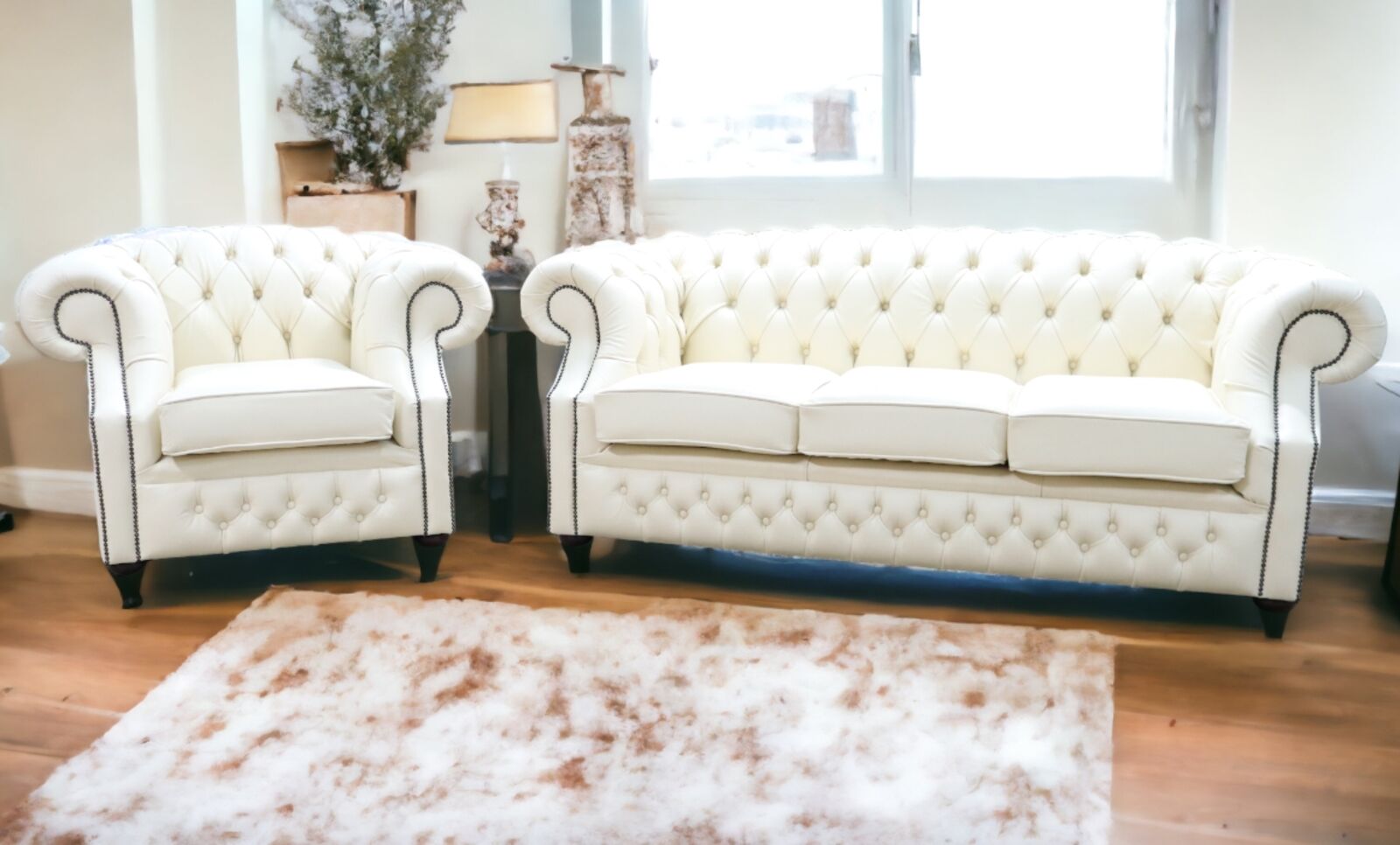 Product photograph of Chesterfield Buckingham 3 1 Sofa Suite Cottonseed Cream Leather from Designer Sofas 4U