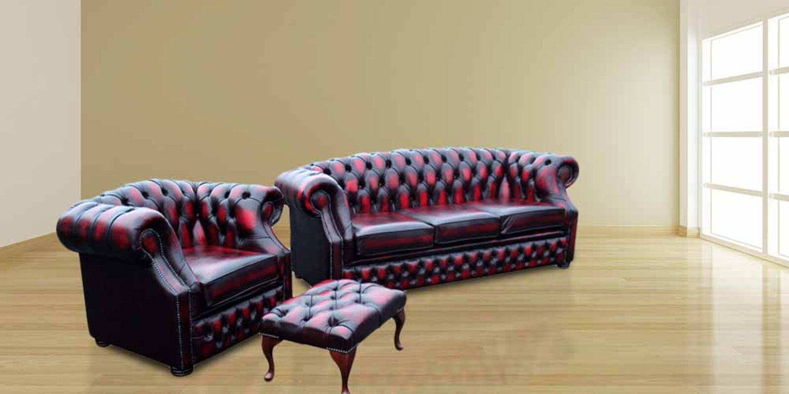 Product photograph of Chesterfield Buckingham 3 1 Footstool Sofa Suite Antique Oxblood Leather from Designer Sofas 4U